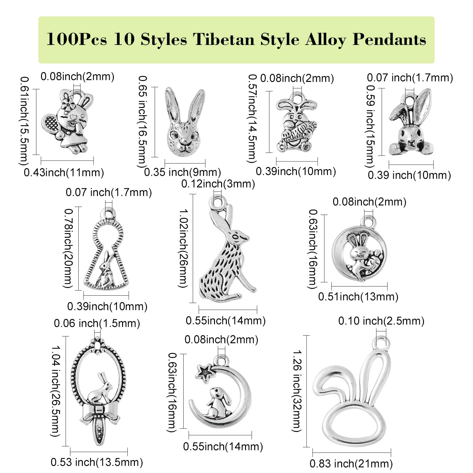 UR URLIFEHALL 100 Pcs 10 Styles Antique Silver Rabbit Charms Cute Bunny Animal Charms Pendants for Jewellery Making Bracelet Necklace - Image 2