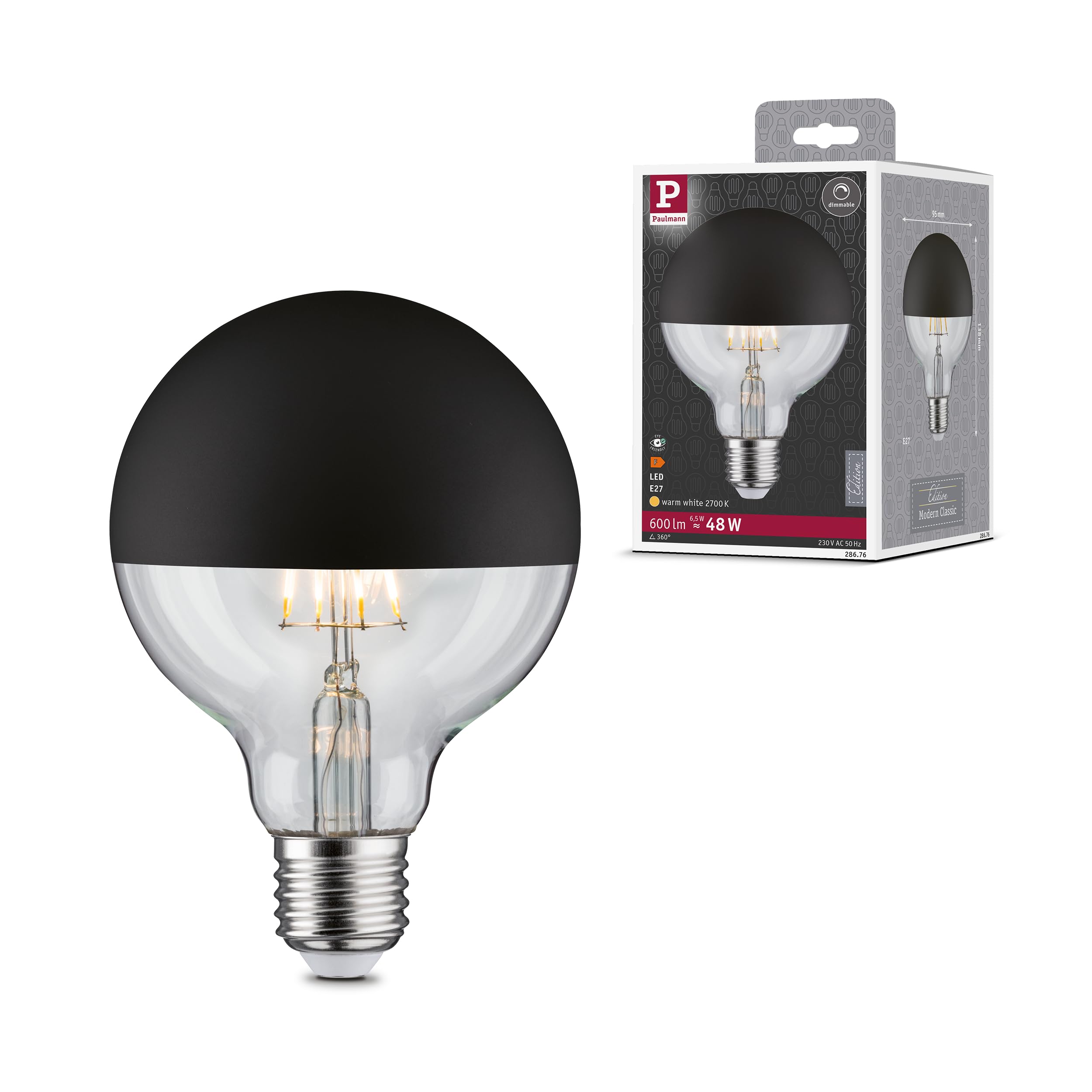 Paulmann 28676 LED Filament lamp G95 6 watts lamp Crown Mirror Black matt 2700 K Warm White dimmable E27