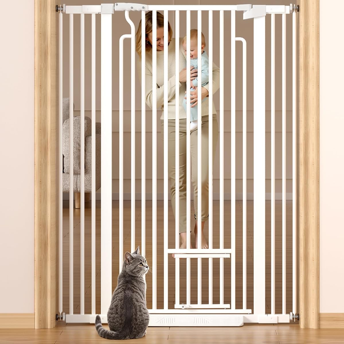 53in Extra Tall Cat Gate for Doorway, 29.5-40.6in Auto Close Pet Gate-White | Ostutry Gate with Cat Door, Climb Proof Dog Gate No Drilling Pressure Mounted
