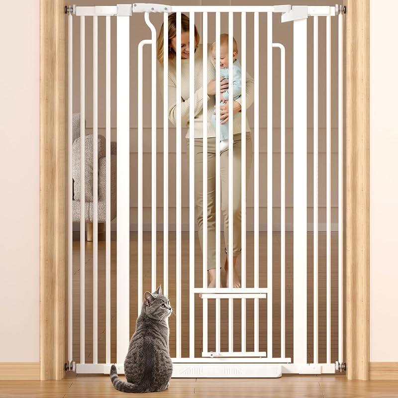 53in Extra Tall Cat Gate for Doorway, 29.5-40.6in Auto Close Pet Gate-White | Ostutry Gate with Cat Door, Climb Proof Dog Gate No Drilling Pressure Mounted