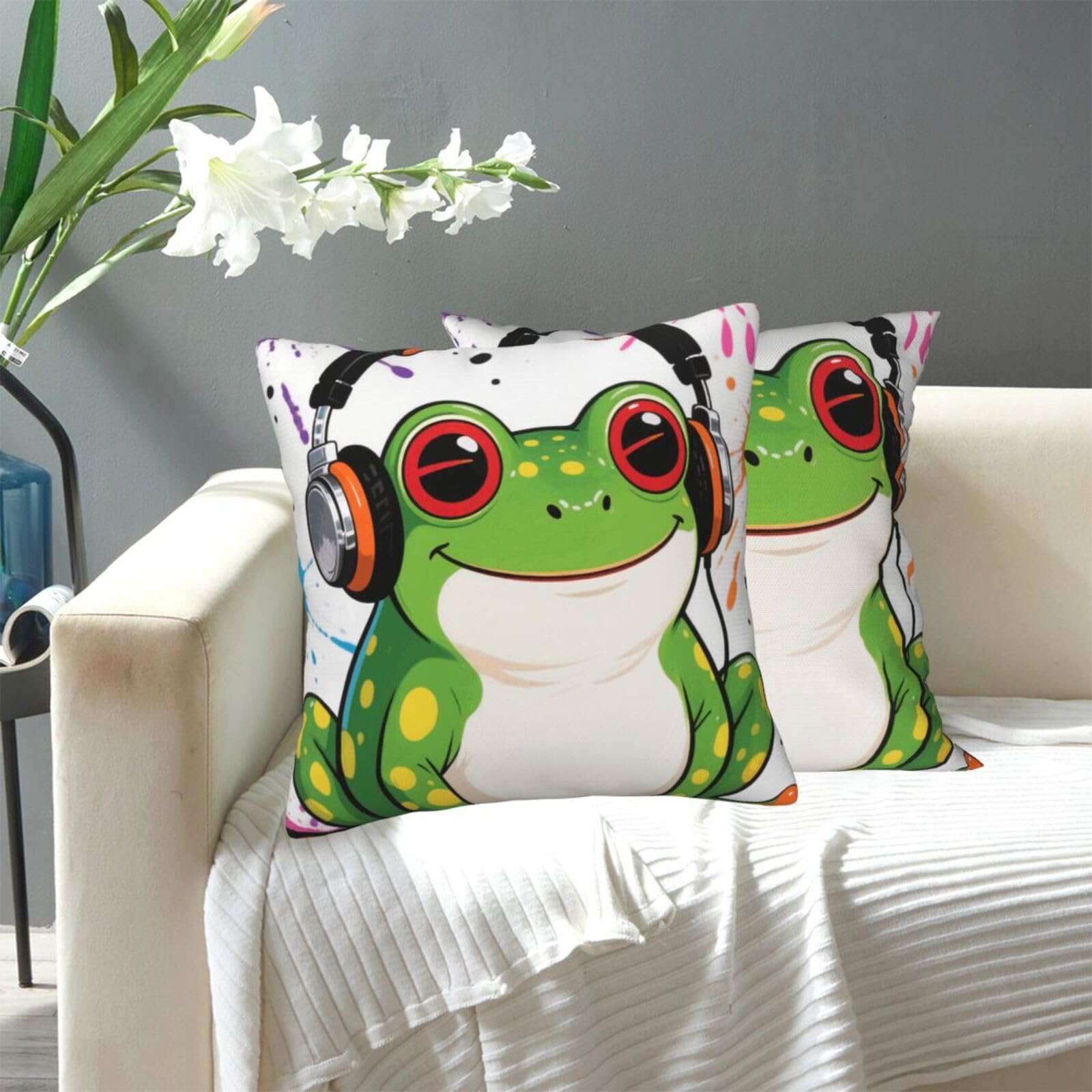 FekiLoot Decorative Throw Pillow Covers Modern Farmhouse Pillowcase Double Sided Cozy Cushion Cover for Sofa Couch Bed 12"X12" Funny Cute Frog with Headphone