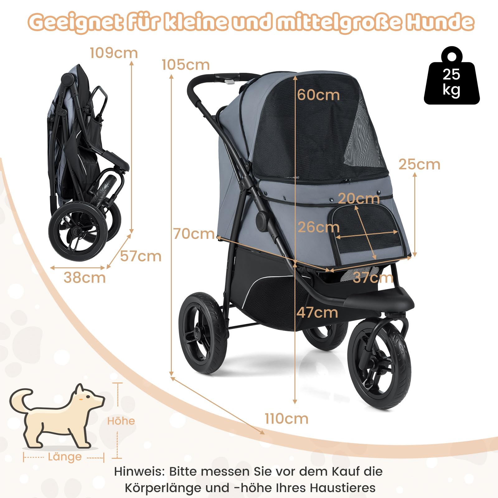 COSTWAY Hundewagen klappbar, Hundebuggy bis 25 kg, Katzenwagen 3 Rad, Haustierwagen mit verstellbarem Sonnendach, Netzfenster, Korb & Polster, Haustierbuggy für Katzen Hunde (Grau)