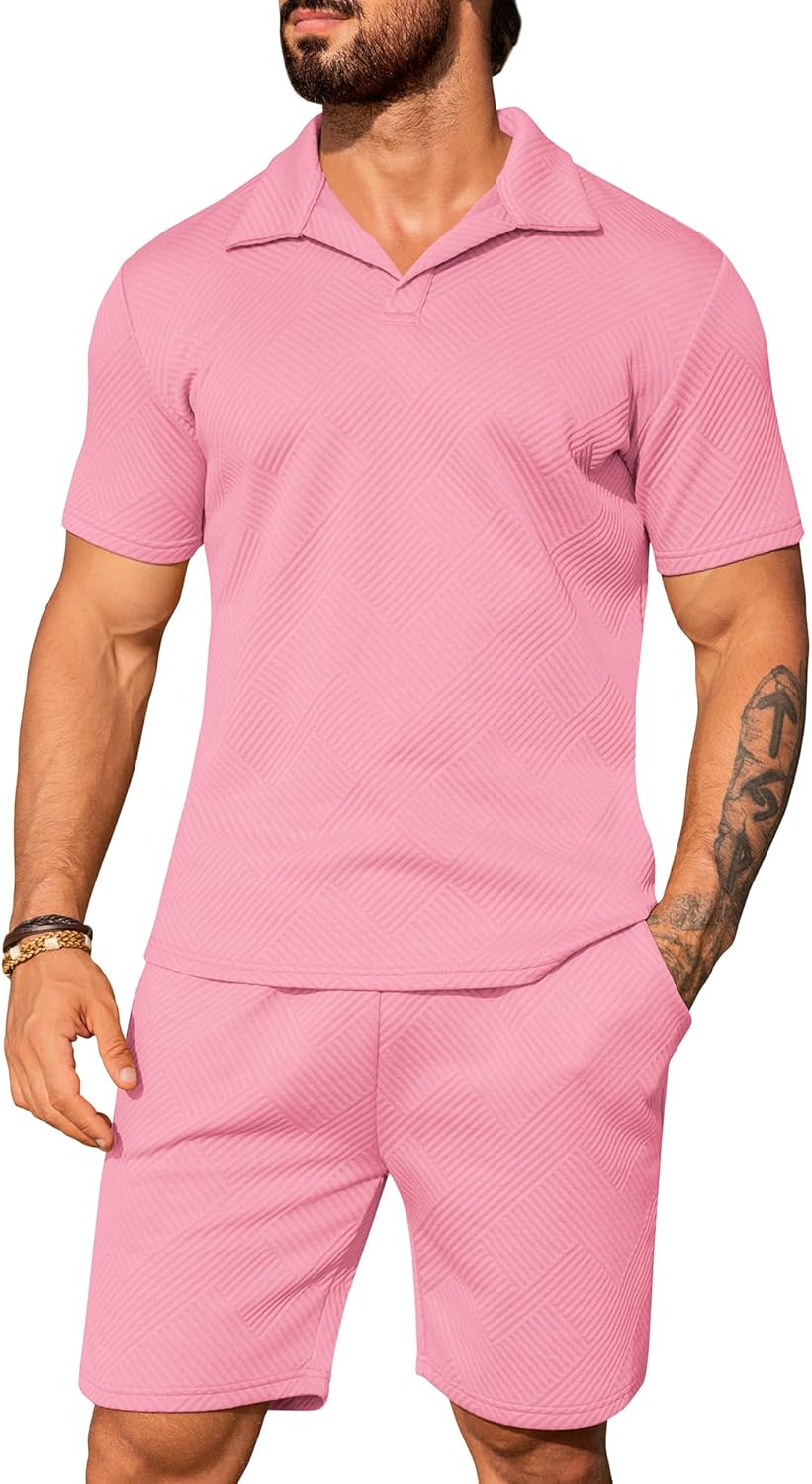 URRU Men's 2 Piece Short Sets Summer Outfits Short Sleeve Polo Shirt and Shorts Set Casual Beach Outfits