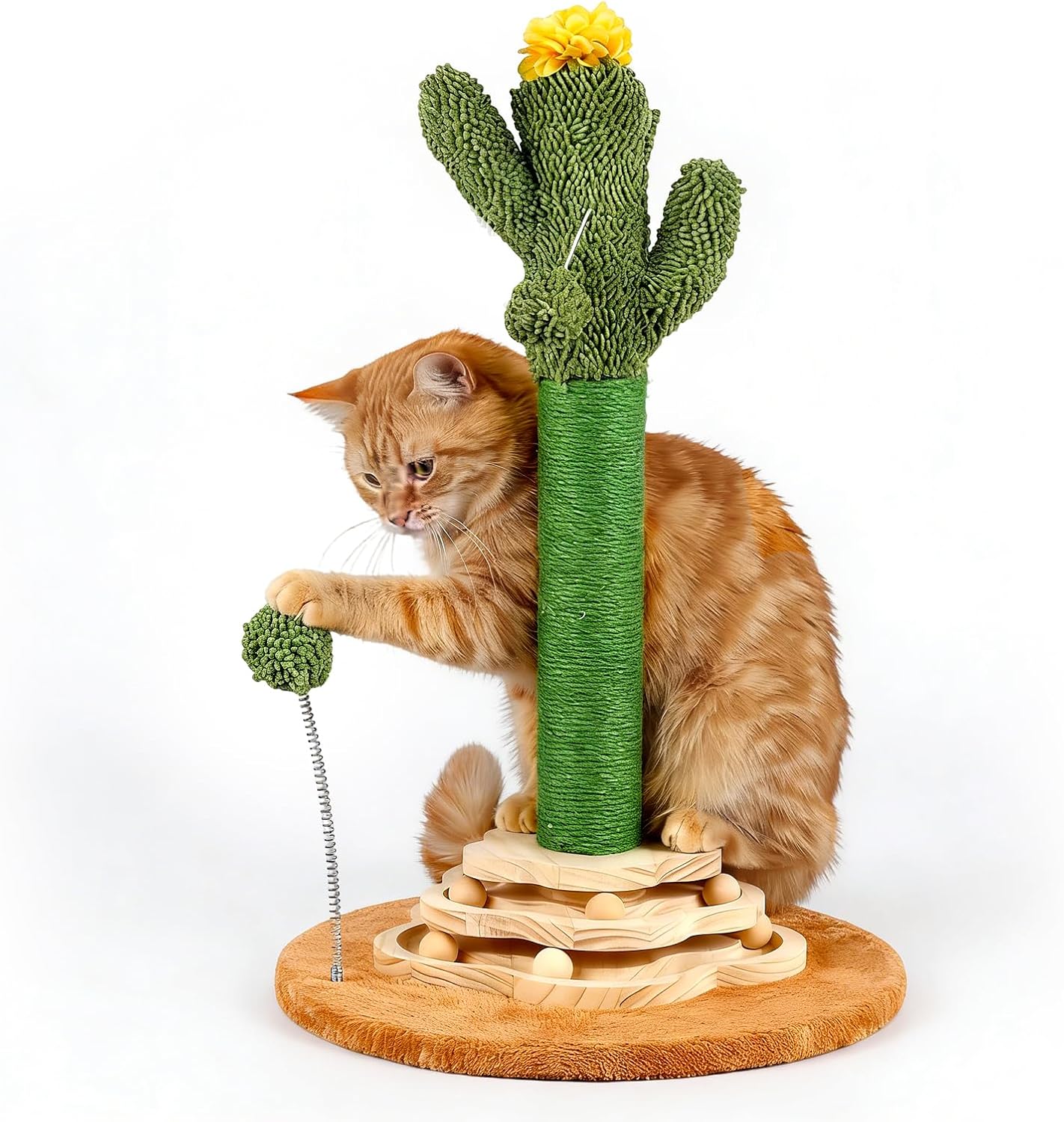 Cactus Cat Scratching Post Cat Tree, Cute Cat Scratching Post with Interactive Ball Two-Layer Track Spring Ball Toys, Standing Sisal Cactus Cat Scratcher for Indoor Cats and Kittens