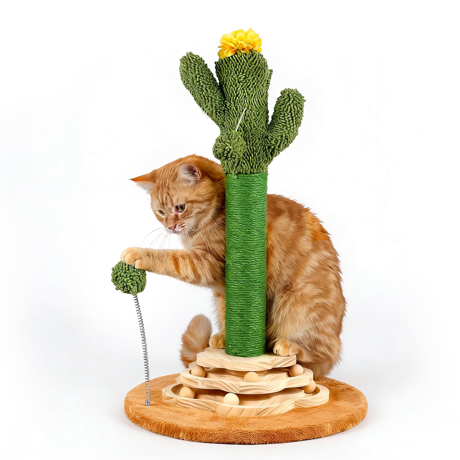 Arbre à chat cactus à 2 niveaux avec balle suspendue en sisal naturel pour le jeu des chatons