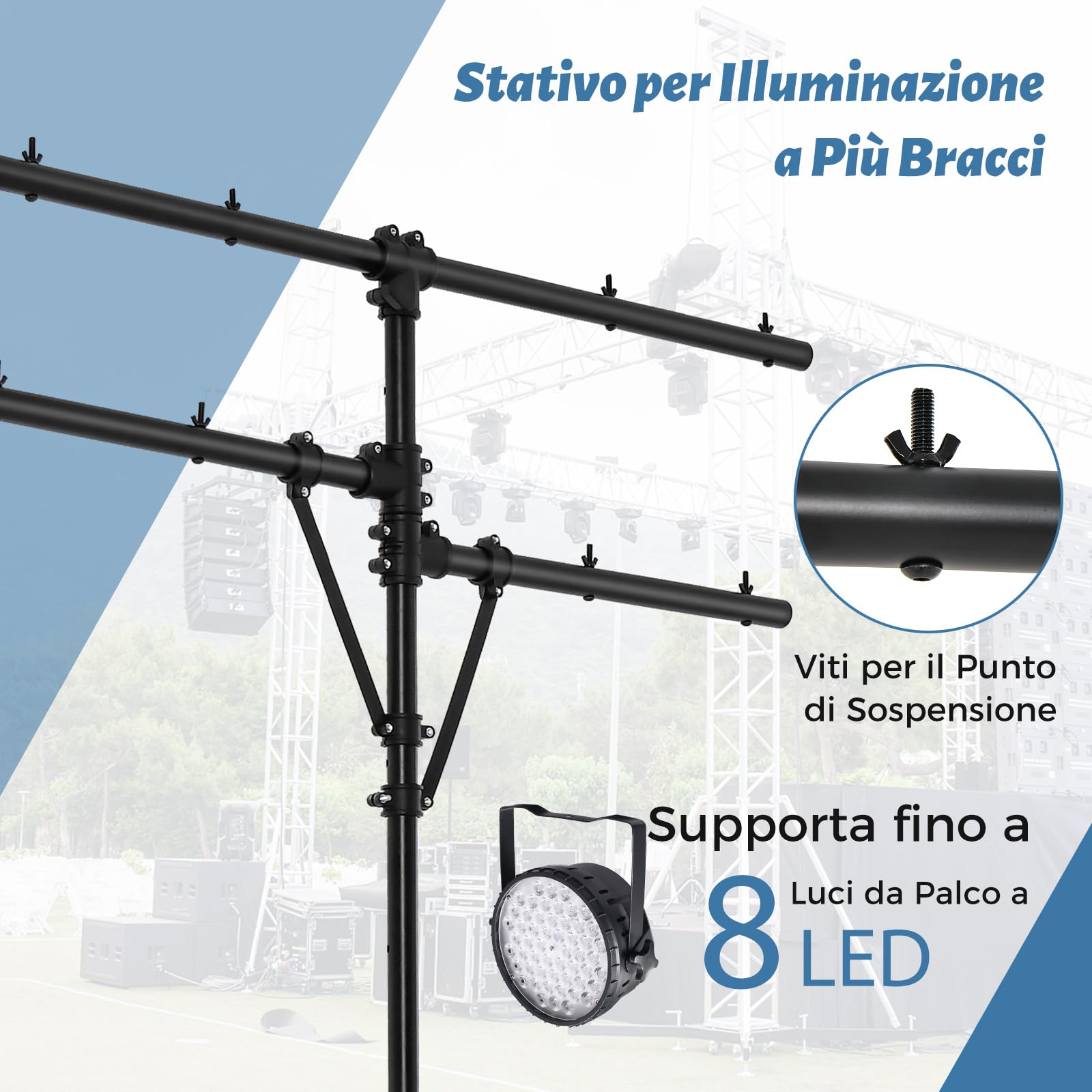 COSTWAY Supporto Luci Mobile DJ Audio, Supporto Luci LED con Bracci, Altezza Regolabile, Treppiede Portatile per Presentazioni sul Palco, Concerti, Teatri, Matrimoni e Feste, 186-351 cm