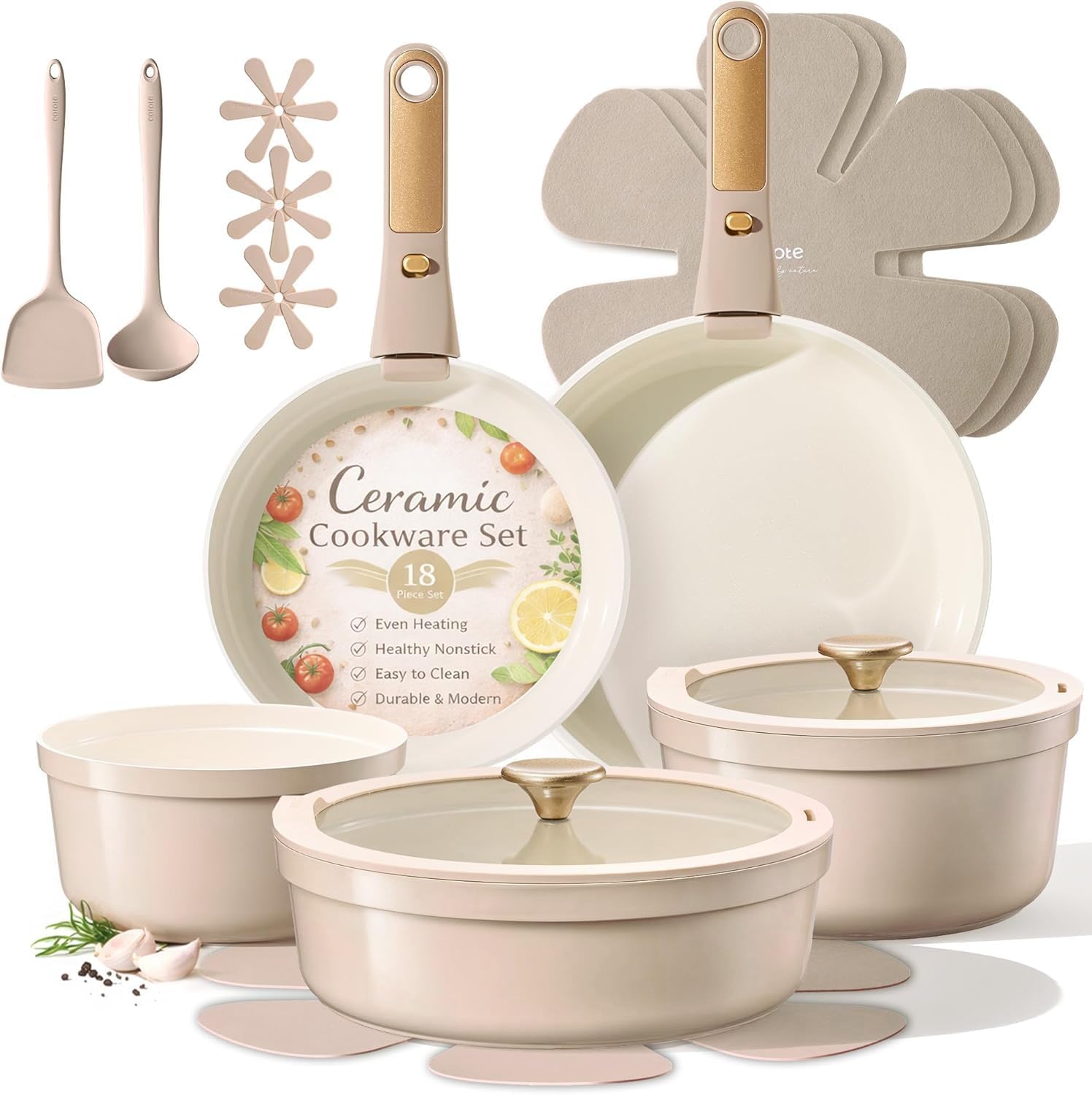 CAROTE 18 Pcs Ceramic Cookware Set Titanium Nonstick with Detachable Handles, Non Toxic Cookware, Pots and Pans Set Non Stick Removable Handles, Induction Available, Kitchen Cooking, Dishwasher Safe