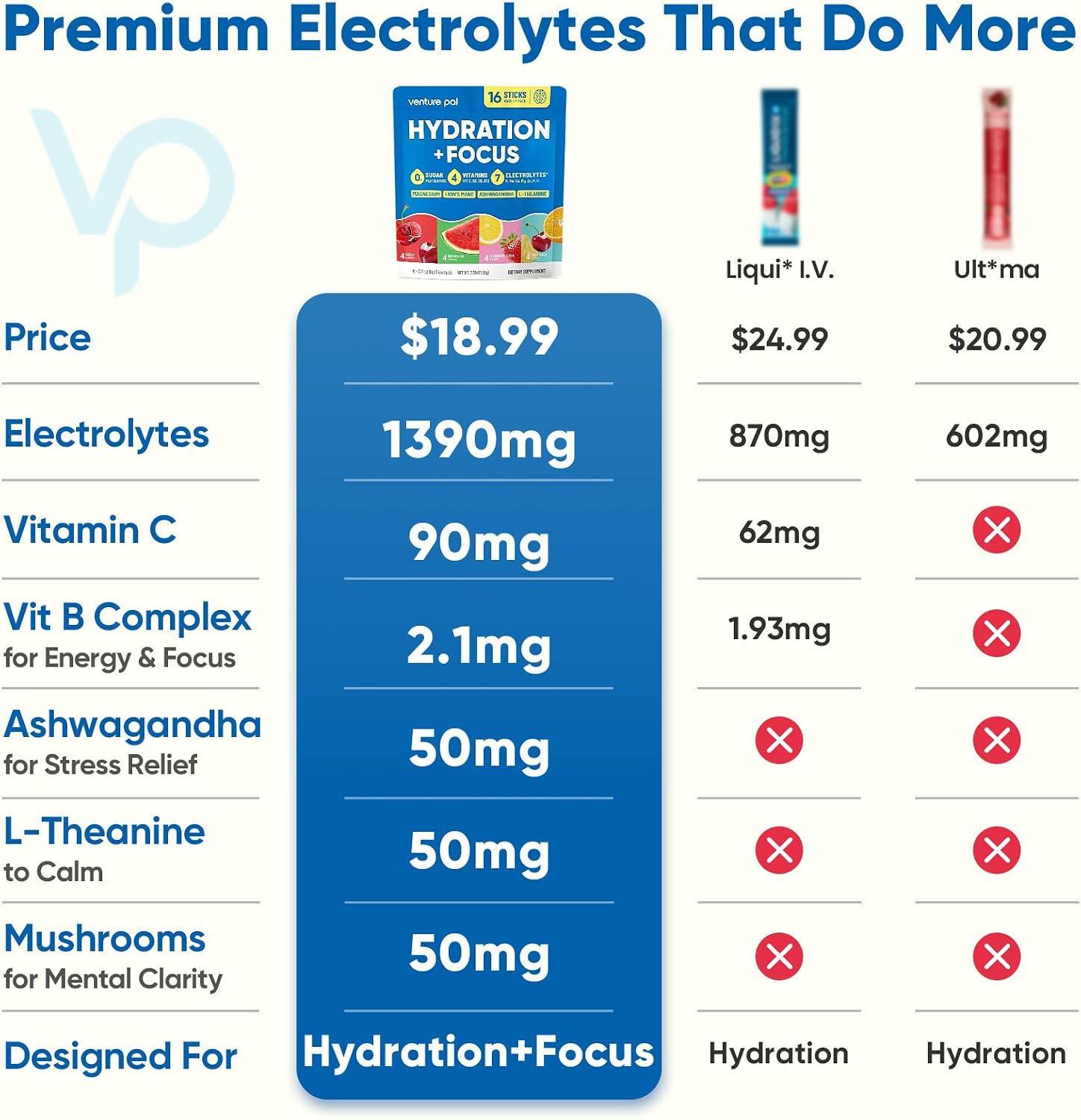 Venture Pal 2-in-1 Hydration Electrolytes Bundle – Focus & Immune Support Powder Packets, 7 Electrolytes, Vitamins, Magnesium, Lion’s Mane, L-Theanine, Elderberry, Sugar Free Drink Mix, 32 Sticks image 3