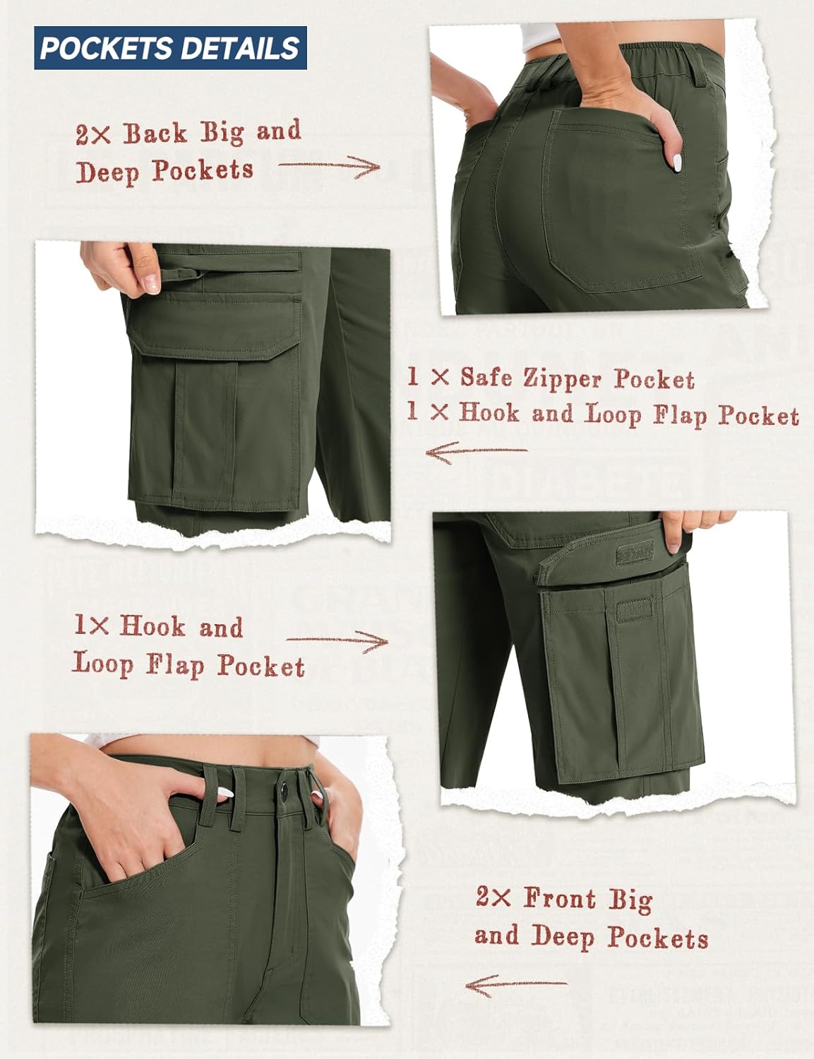Moosehill Womens Hiking Pants Lightweight: Quick Dry Water Resistant High Waisted Cargo Pants 7 Pockets for Travel Casual - Image 6