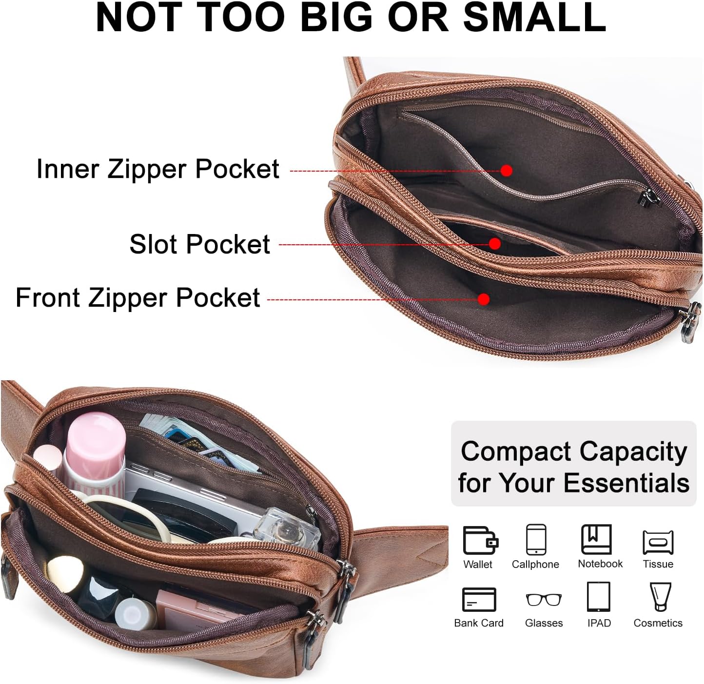 LATMAP 3L Fanny Packs for Women Cross Body Bag Vegan Leather Chest Belt Bag Fashion Waist Pack Small Bum Bag Crossbody for Travel Running Workout, Brown