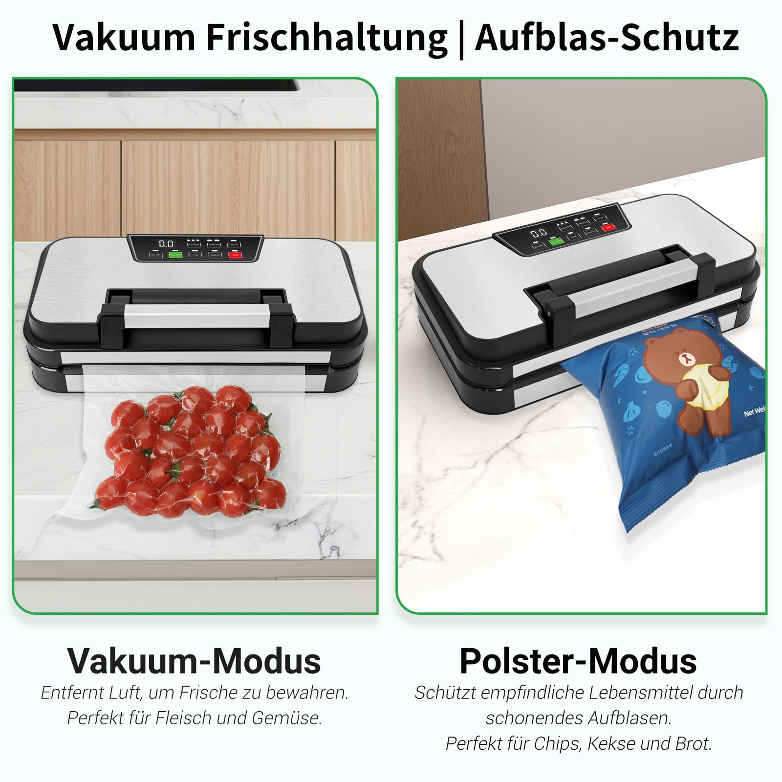 Vakuumiergerät 95kPa Saugkraft 10-in-1 doppelte Heißsiegelung integriertes Schneidemesser Beutelhalterung Easy-Lock-Griff 2 Beutelrollen