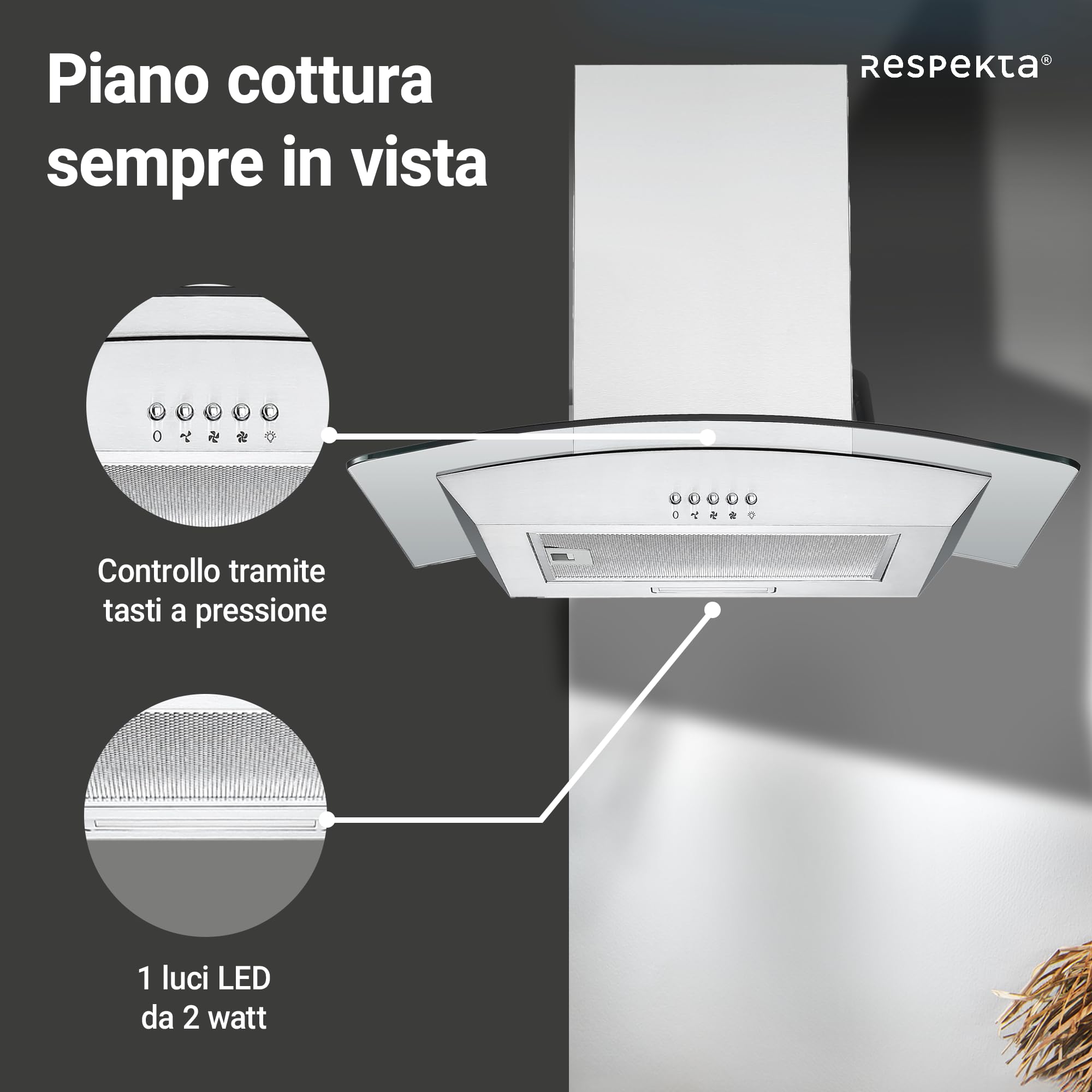 Respekta Cappa aspirante/cappa a parete 60 cm/struttura in acciaio inox con pannello copriluce in vetro/funzione di espulsione e ricircolo dell'aria / CH0160IXB / B / 58-62 dB