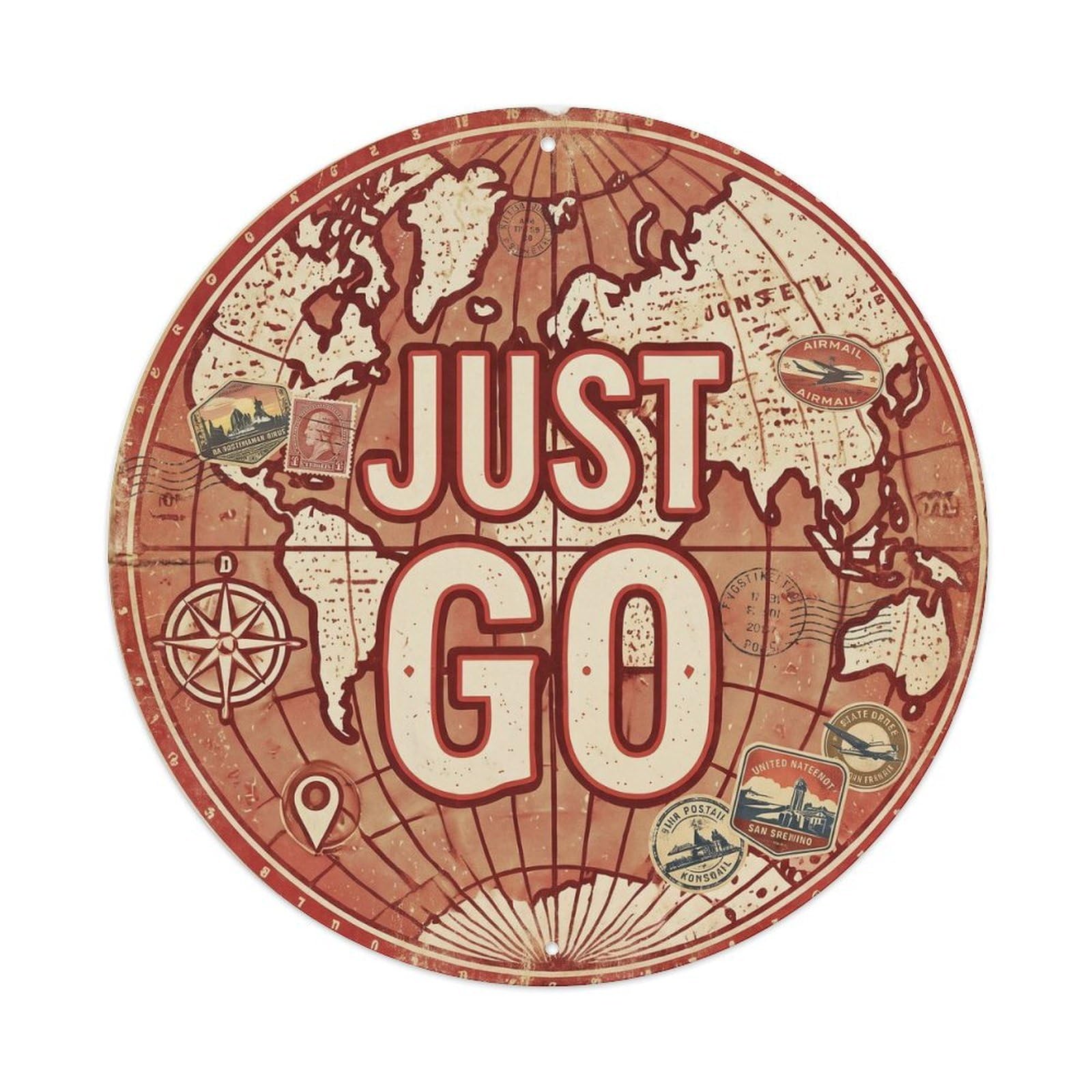 Vintage World Map with Compass Just Go Vintage Metal Tin Sign