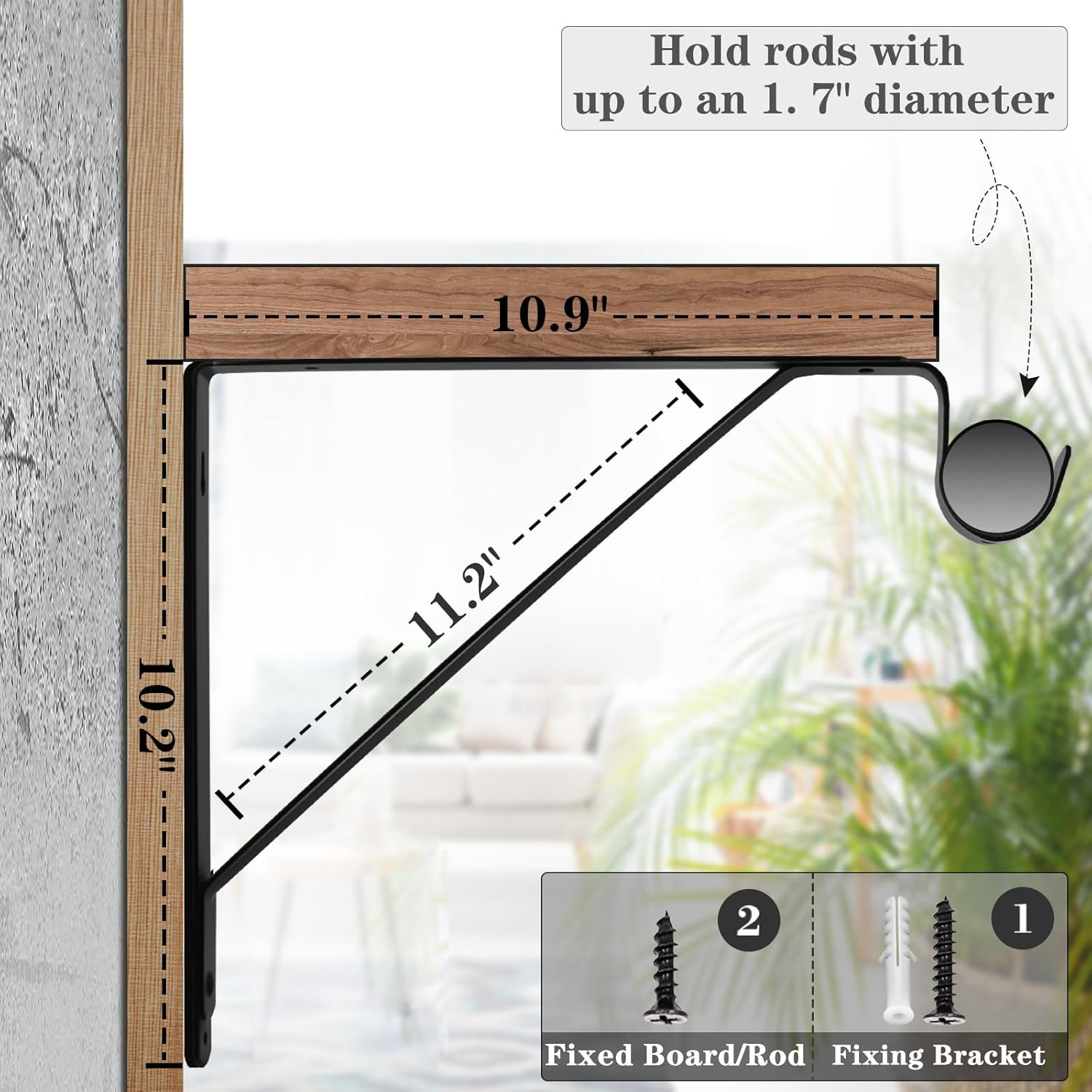 closet rod bracket, heavy duty shelf bracket with rod holder, 10.9x 10.2 inch black closet rod support wall mounted clothes hanger pole support hooks, 2 pack matte black 2 pack