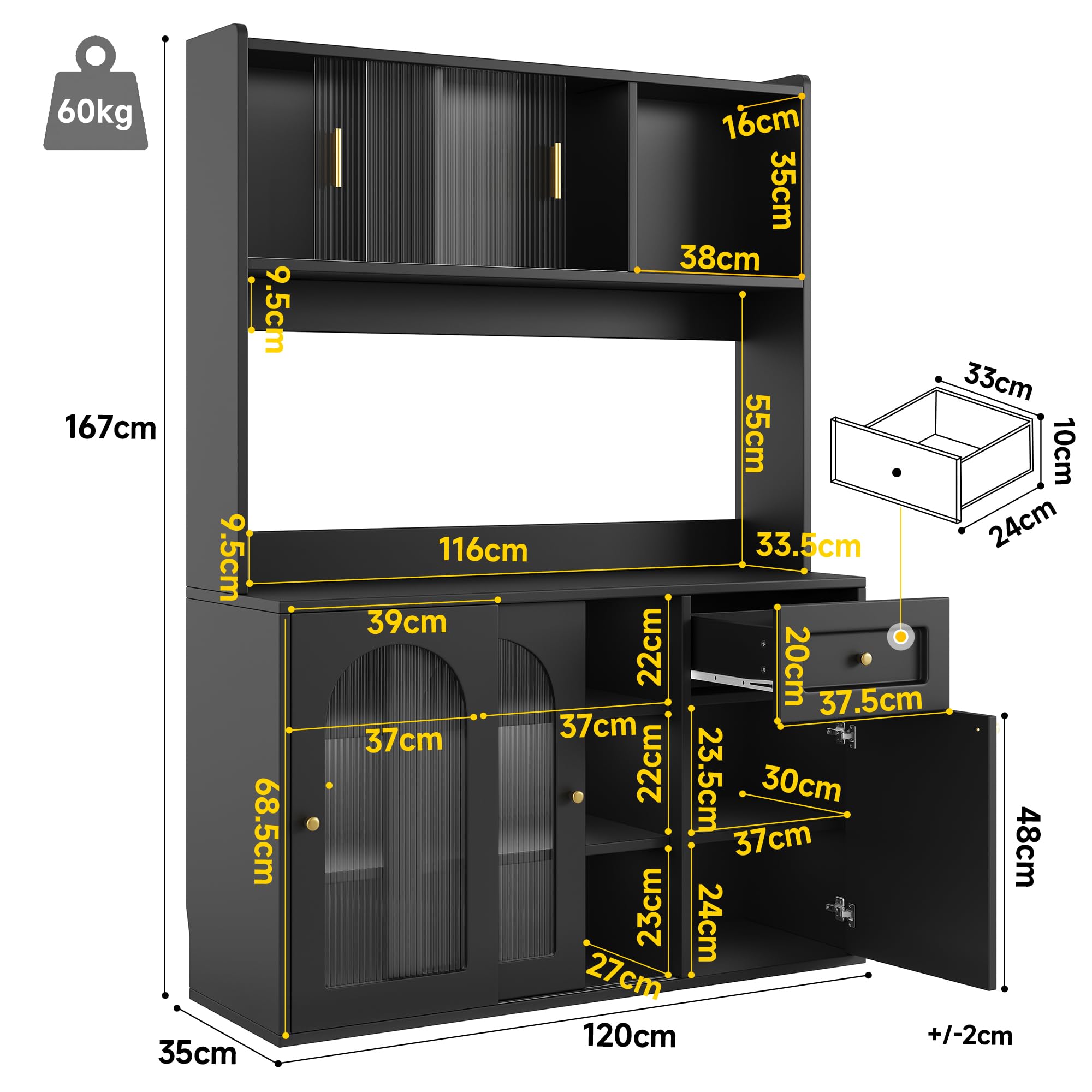Armadio da cucina, armadio alto, vetrina, credenza da buffet con ripiani regolabili, armadio da sala da pranzo, credenza con illuminazione a LED, Nero
