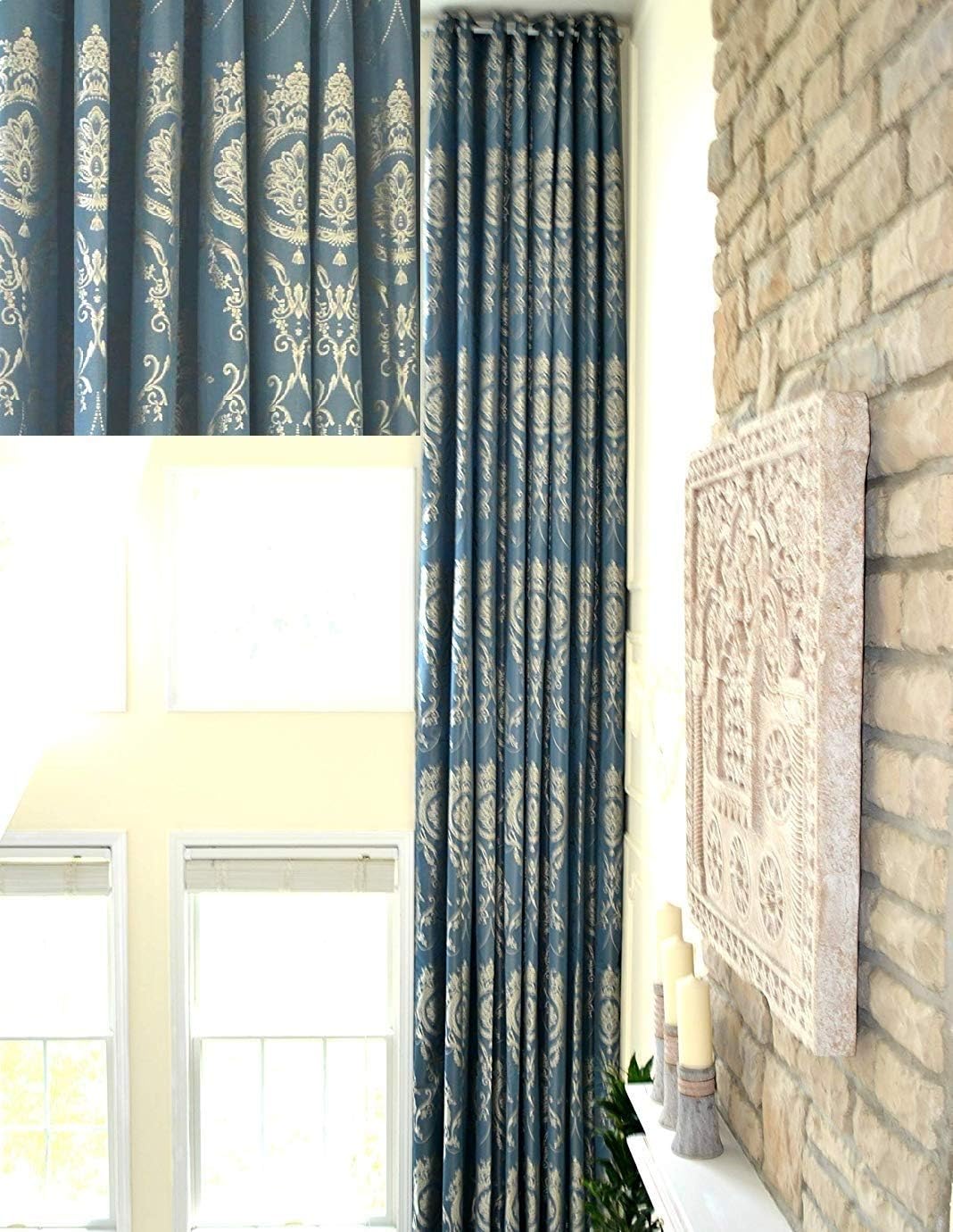 Ikiriska Extra Long Blue Gray Beige Taupe Jacquard Curtain with Royal Pattern Grommet top 12 15 16, 17, 18, 20, 24 feet 2 Story Long Drape (Gold, 100″Wx96″L)