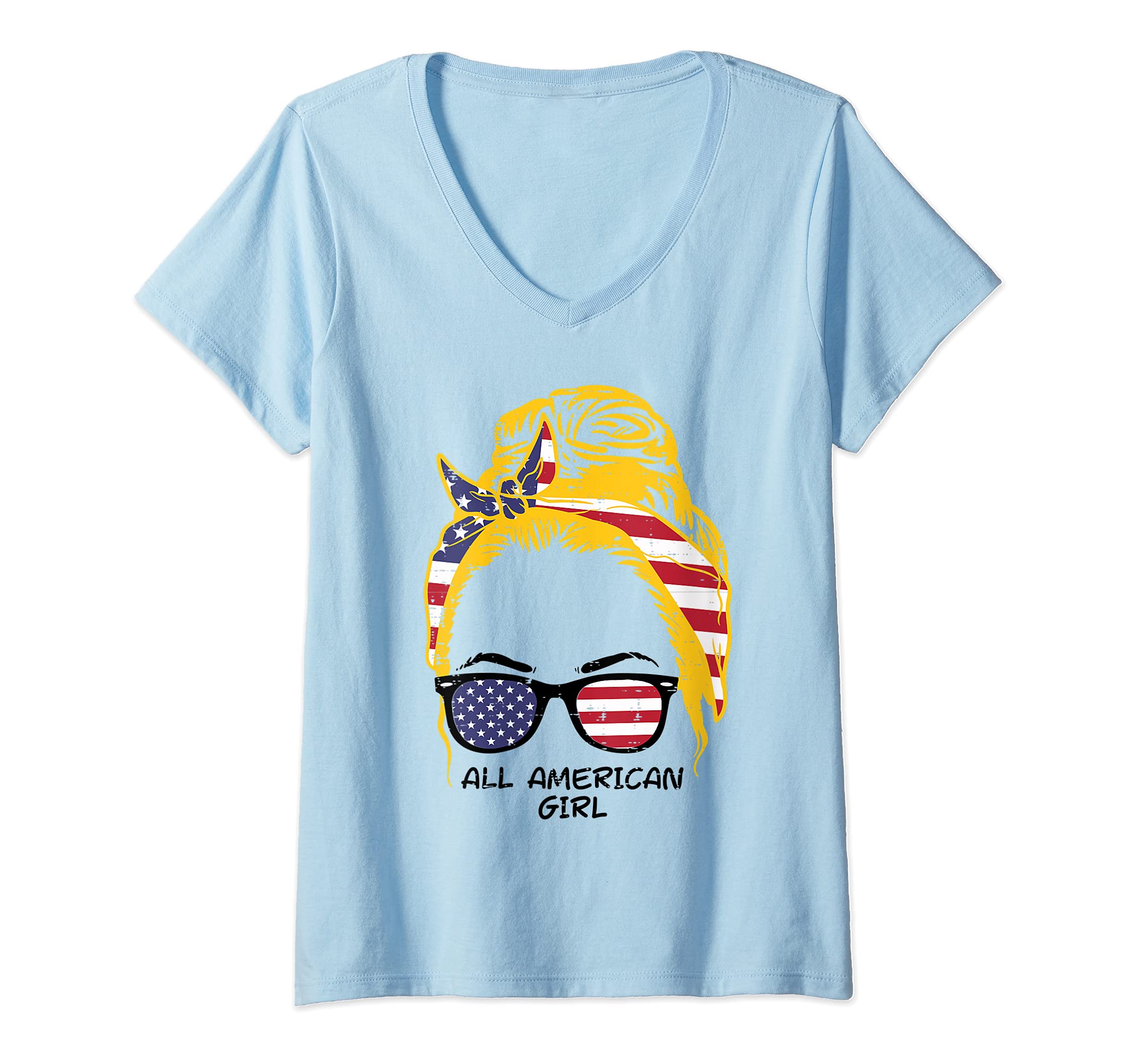 Womens All American Girl Blonde Hair Bun US Flag 4th Of July Women V-Neck T-Shirt, Blue
