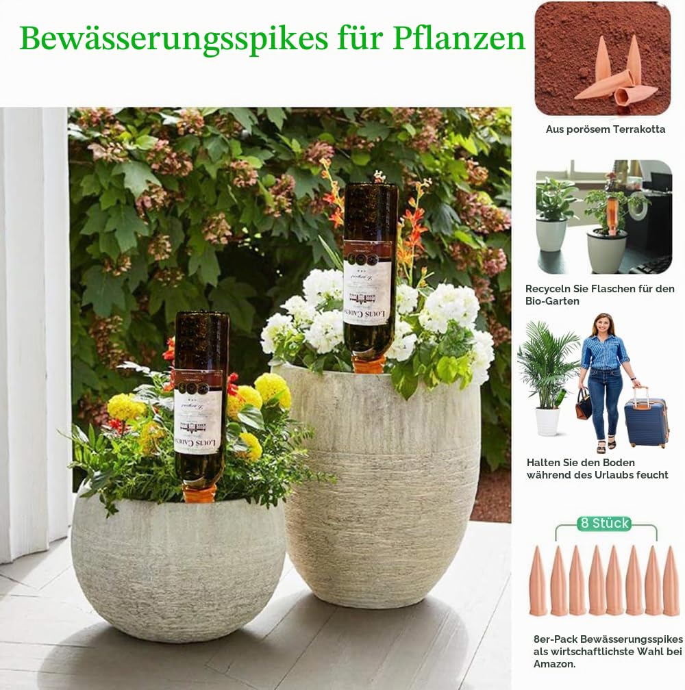 Pflanzenbewässerungsgeräte, 8 Stk. Selbstbewässernde Terrakotta-Spikes für Topfpflanzen, Selbstbewässernde Urlaubs-Pflegestäbe für Außen- und Innenpflanzen, Weinflasche
