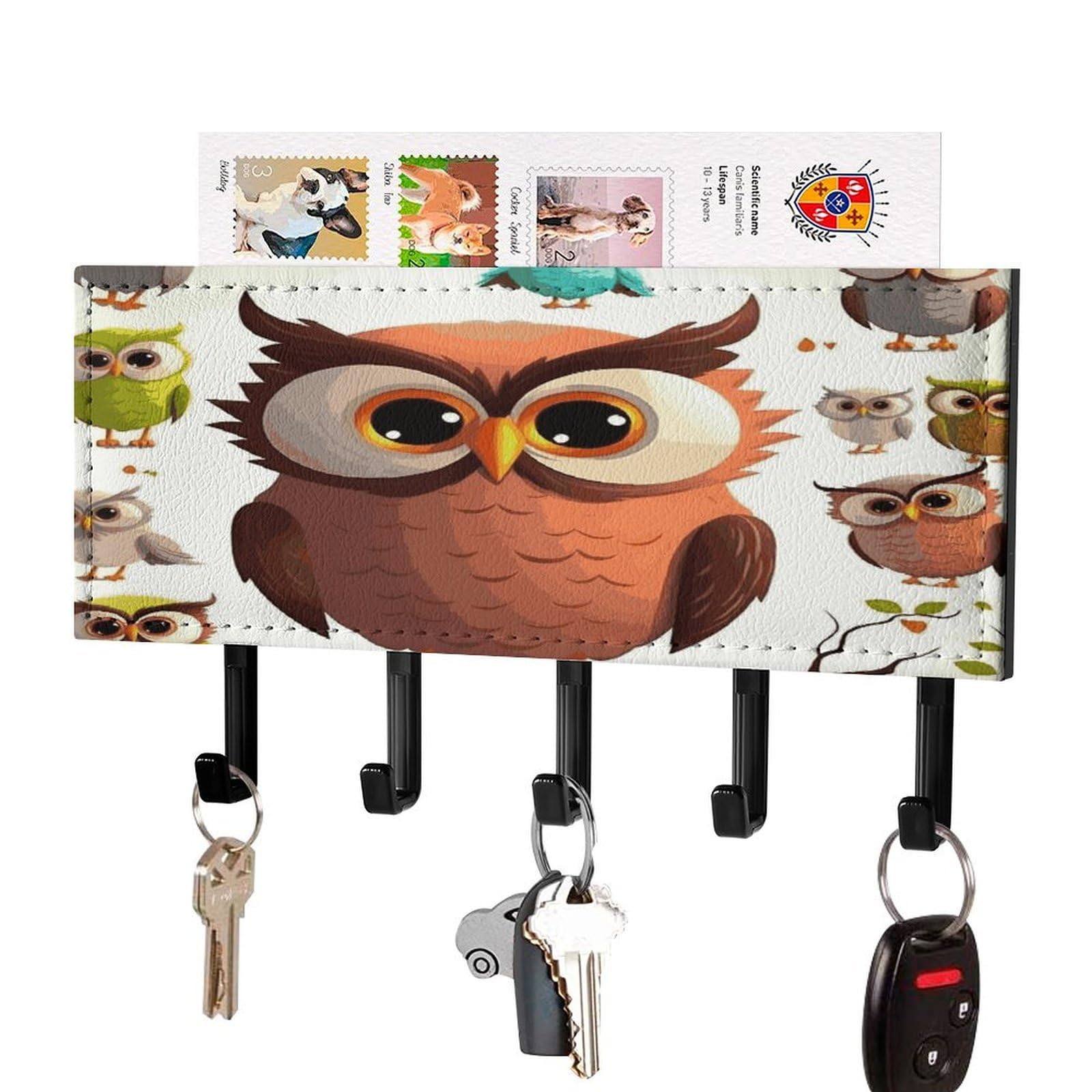 Fekiloot Black-Style Cartoon Owl Key Holder Wall Mount Key And Mail Holder Key Hanger With 5 Hooks Decorative Pu Key Rack Hanging Key Hooks For Wall Living Room Kitchen Bathroom Hallway