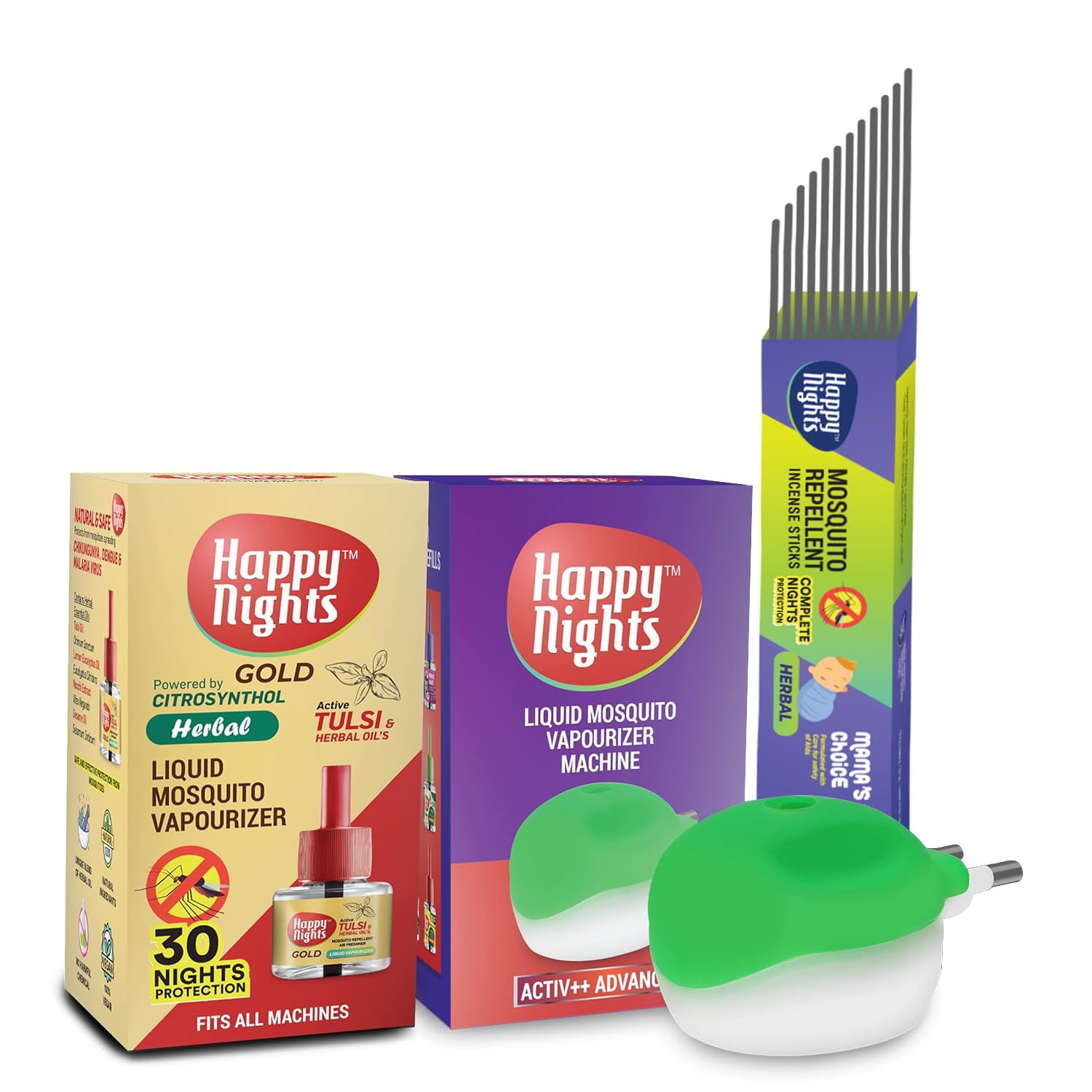 Happy Nights Combo Pack of 1 Tulsi Mosquito Repellent Refill (with Machine) & Pack of 50 Incense Sticks | Mosquito Liquid Repellent & Incense Stick-image-0