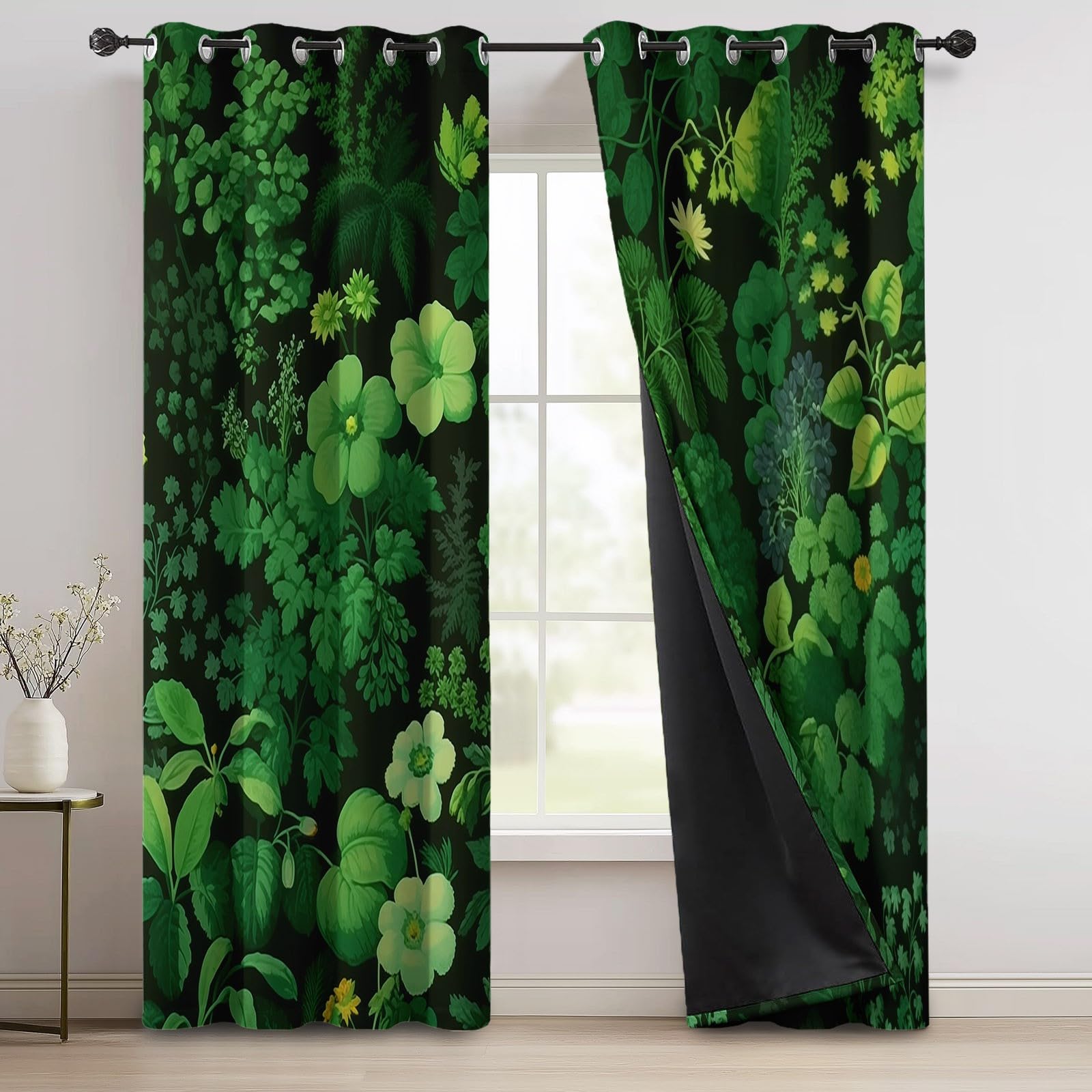 Vorhänge Dunkelgrün, Verdunkelungsvorhang 2er Set - Vorhang Blickdicht Blumenranken, Thermovorhang für Deko Wohnzimmer Schlafzimmer, Gardinen mit Ösen 214x91.5cm(HxB)