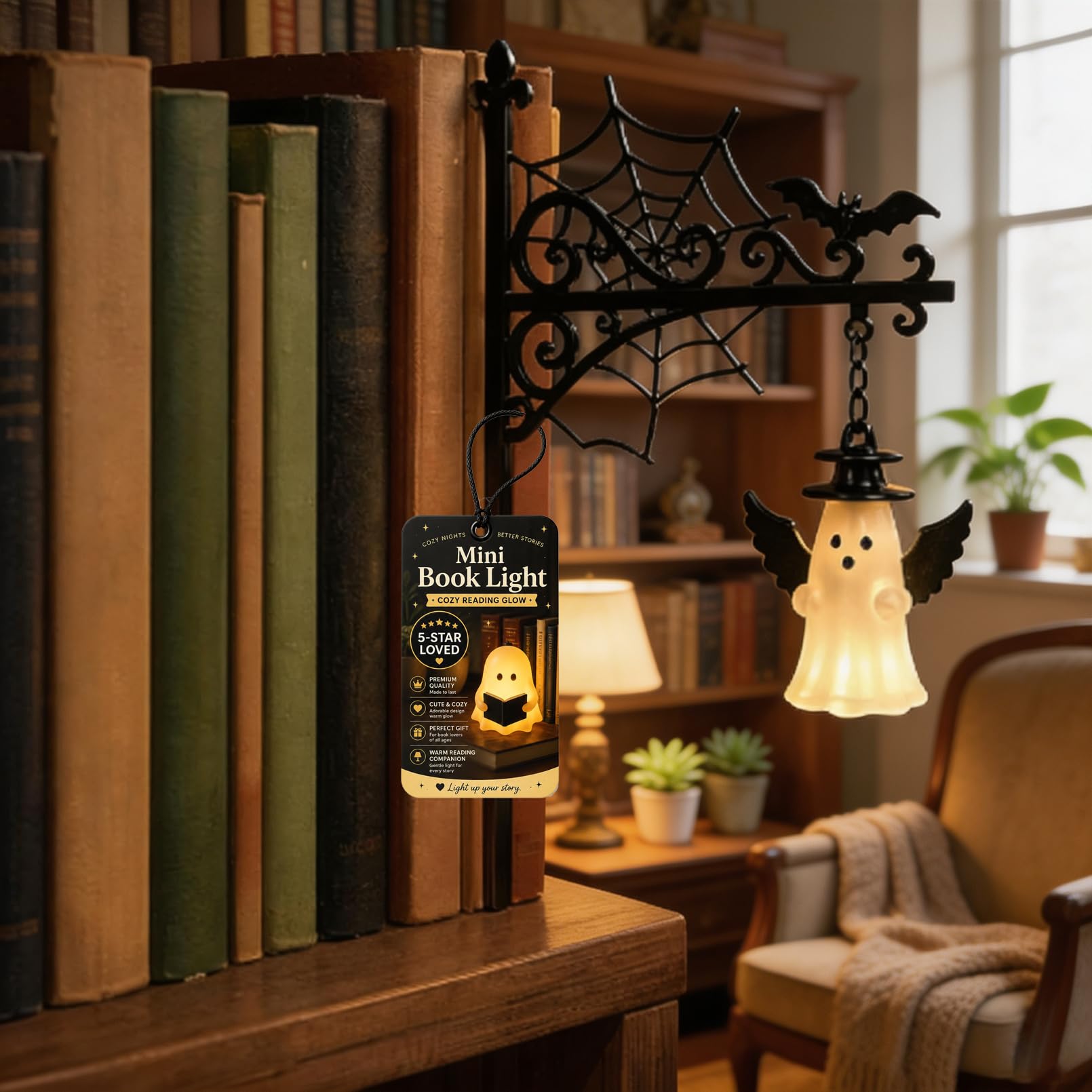 Ten Treasure Bookshelf Lamp, Library Lantern-Decorative Bookshelf Lighting, Vintage LED Book Nook Light Lantern for Study, Reading Corne (#D,2)