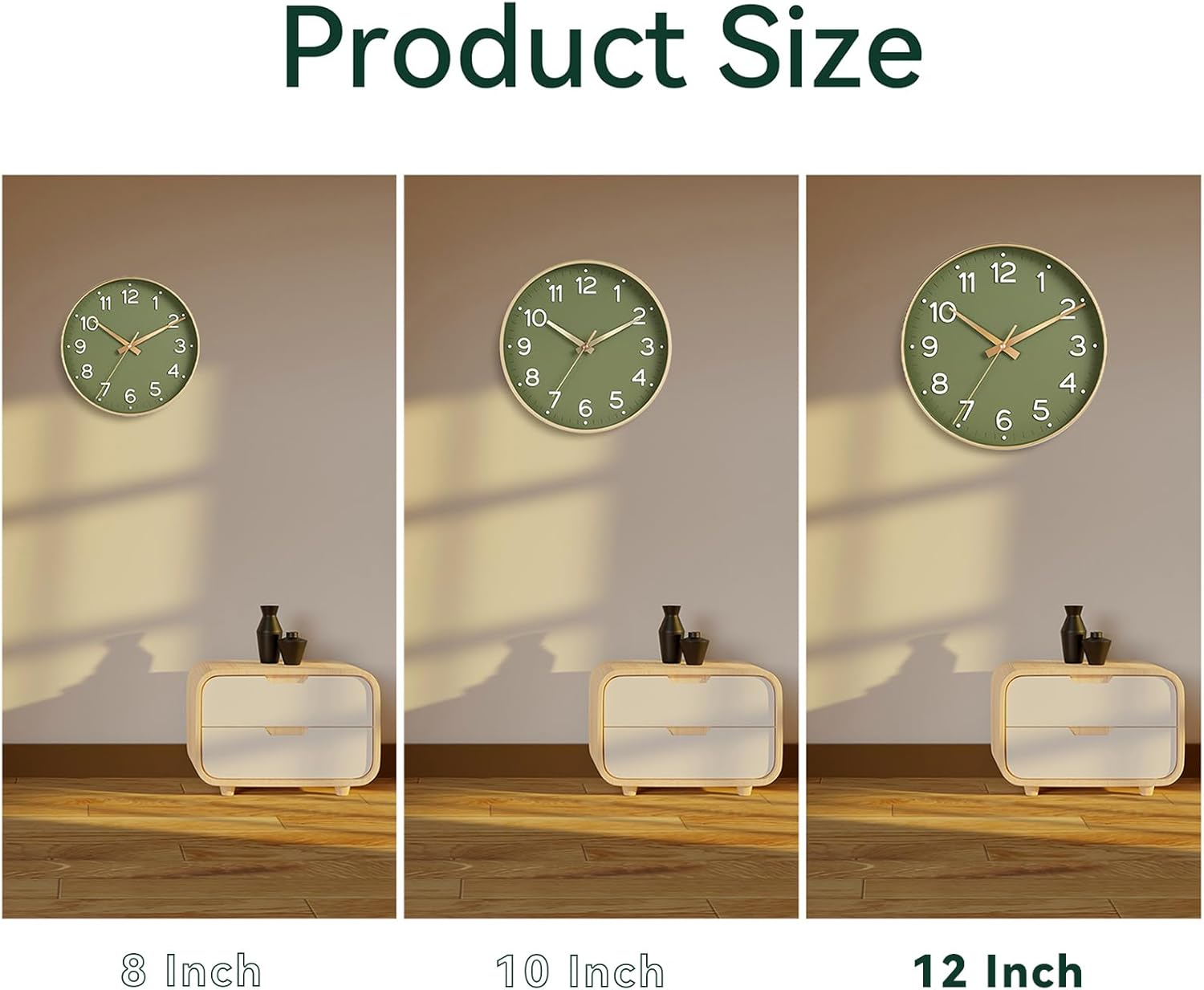 wall clock 12 inch silent green wall clocks battery operated- modern non ticking analog clock decorative for living room bedroom office kitchen(gold) 12 inch a_olive gold