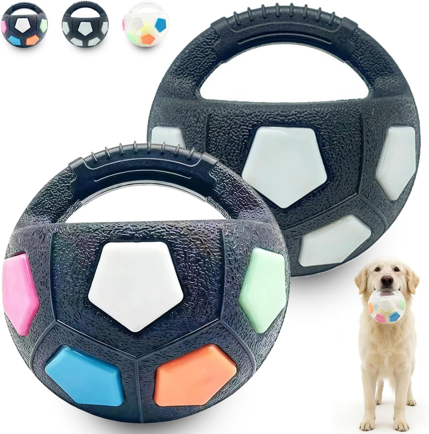 2026 Dog Balls with Handle - Animal Dogs Toys Soccer Balles Durable TPR Interactive Cat Ball, Soccer Ball Toy with Handle (Black+Colorful+White)