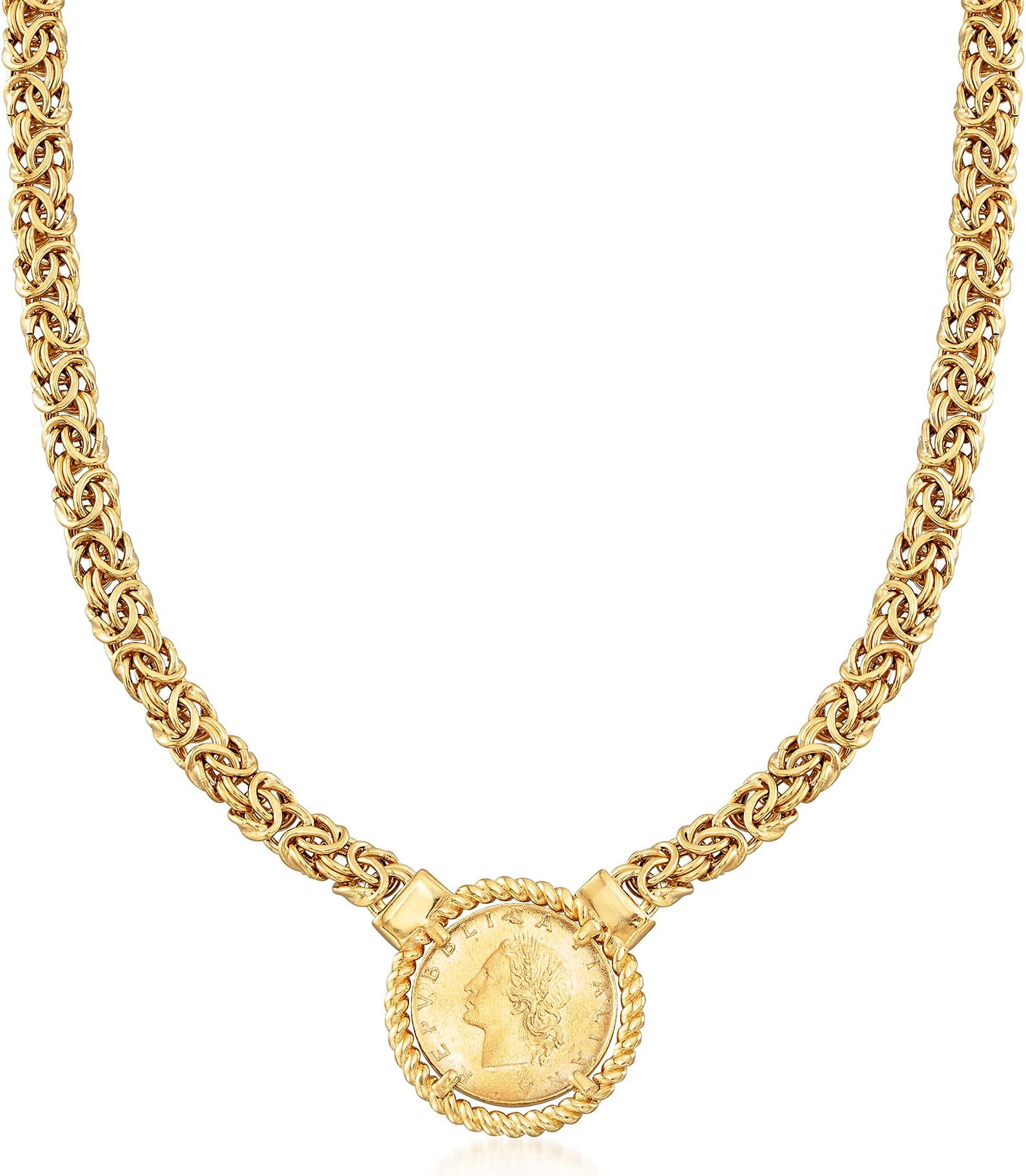 Italian 18kt Gold Over Sterling Replica Lira Coin Byzantine Necklace