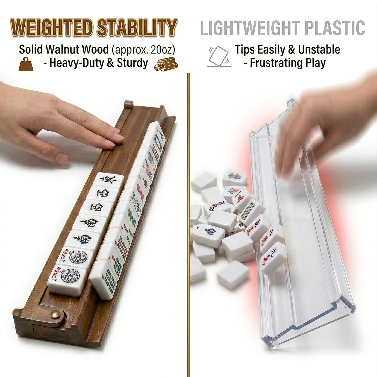 Wooden Mahjong Racks with Pushers Set of 4 – Premium Mahjong Tile Racks and Mahjong Pushers Combo, Essential Mahjong Accessories for American Mah Jongg/Dominoes - 17.5 Inches (Burnt Color)