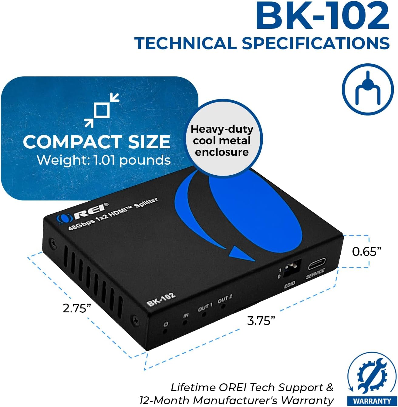 OREI 8K HDMI Splitter 1 in 2 Out, Duplicate/Mirror HDMI Signal UltraHD Supports Upto HDMI 2.1 Splitter 4K@120Hz EDID Management HDCP 2.3 - BK-102