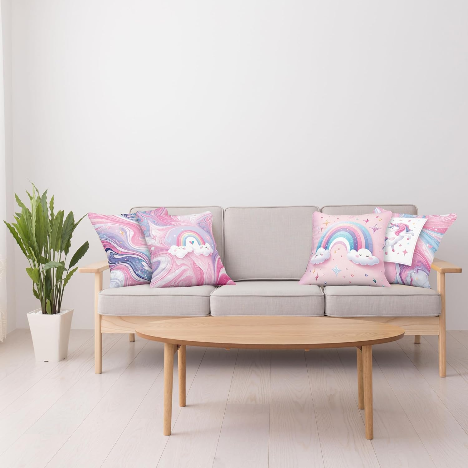 Ambesonne Rainbow Throw Pillow Cushion Cover Set of 4, Cartoon Design Kawaii Style Clouds Waving Marble Print Unicorn Stars, Decorative Accent Double-Sided Printing, 20", Pink Lilac and Ceil Blue