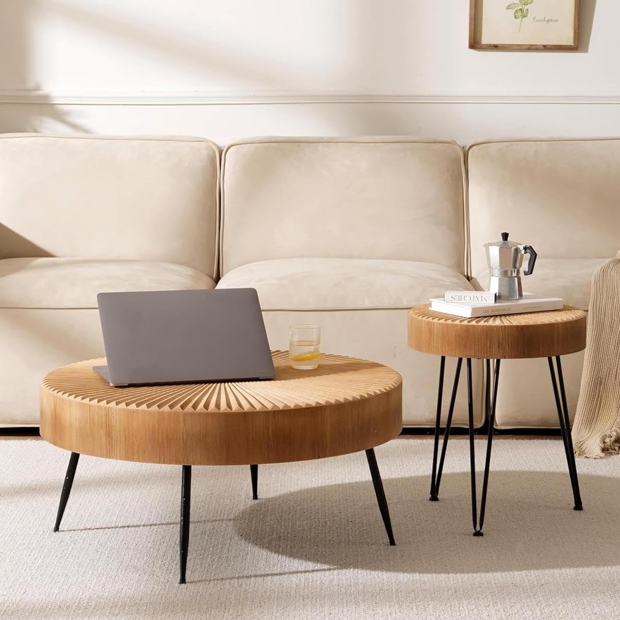 Couchtisch Rund Holz, 2er Set Wohnzimmertisch Rund Holz in linearem Design, Coffee Table Set mit Schwarzen Metallbeinen, Couchtisch im Wohnzimmer, ø77x36cm mit 40x47cm