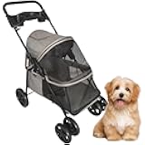 Critter Sitters Grey Foldable Pet Stroller for Small Dogs/Cats with Breathable Scratch Resistant Mesh Windows, Cup Holders, Storage Pockets, Lockable Wheels, Safety Leash, Animal Stroller