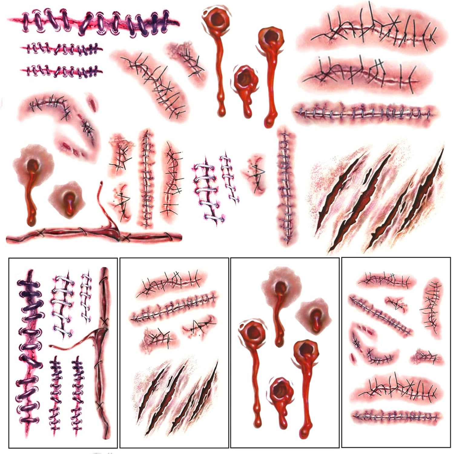 15 Pcs Halloween Tattoos,Face Fake Scars Tattoo Temporary,Zombie Makeup Scar Red Wounds Blood Stickers,Joker Tatoos Sticker Kit,Skin Make Up Cuts Stitch Realistic Scary Scab for Kids Adults Haloween