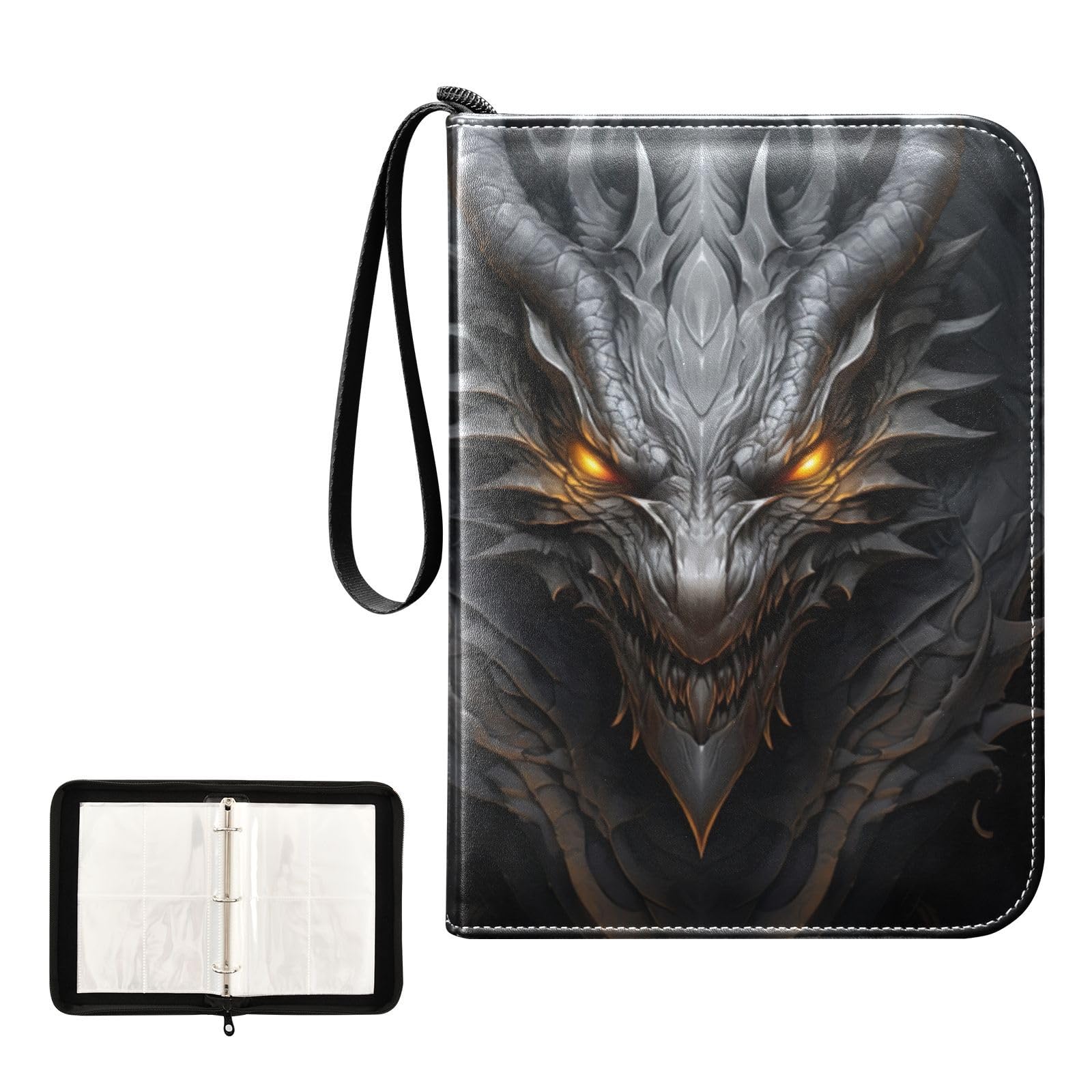 FLildon Black Dragon Card Binder 4 Pocket Trading Card Album Fits 400 Sports/Game Cards, PU Cover 3 Ring Card Collection with 50 Removable Sleeves