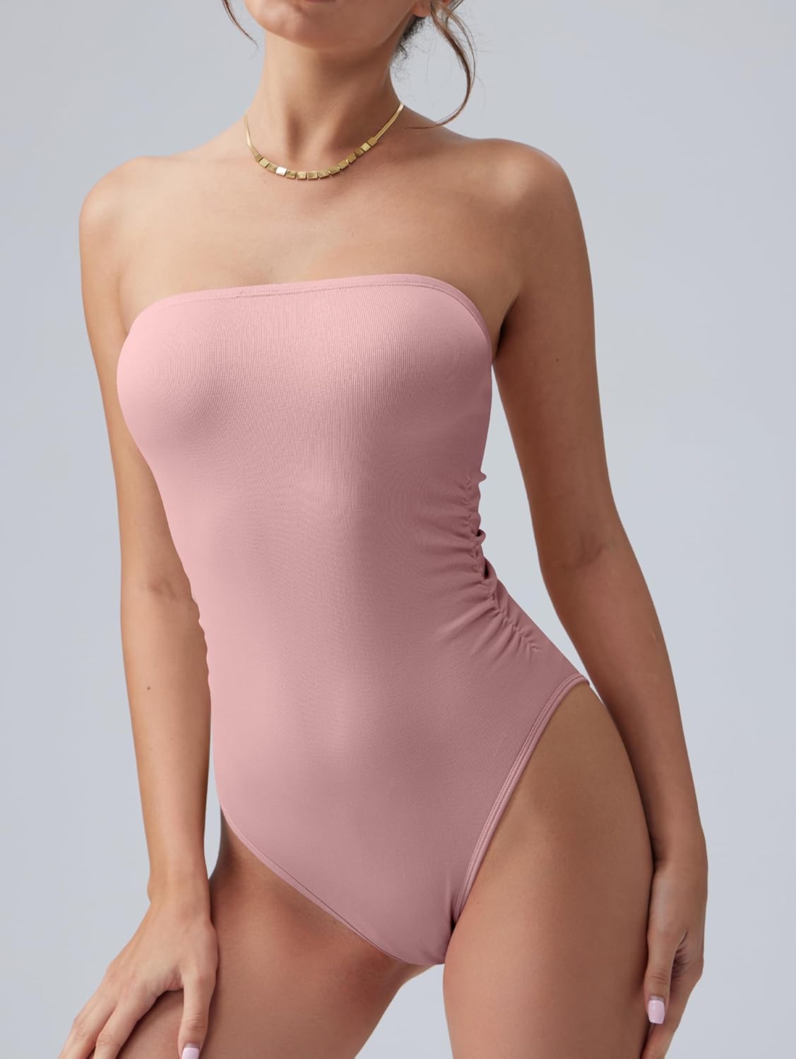 OQQ Womens Tube Bodysuits Strapless Basic Sleeveless Ruched Stretch Classic-Fit Tops Sexy Bodysuits - Image 2
