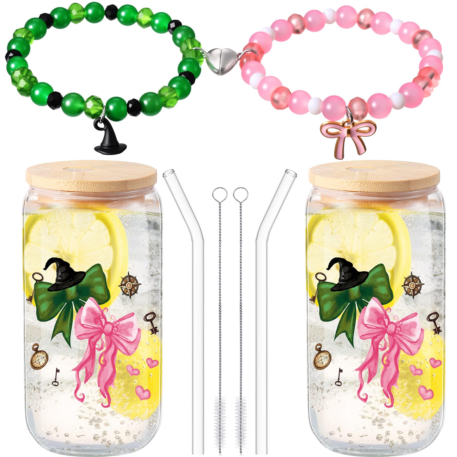 Yetene Pink and Green Party Decorations Summer Halloween 4 Pcs Bows Witch Glass Cups Friendship Gift 2 Sets Iced Coffee Cups with Lids and Straws 2