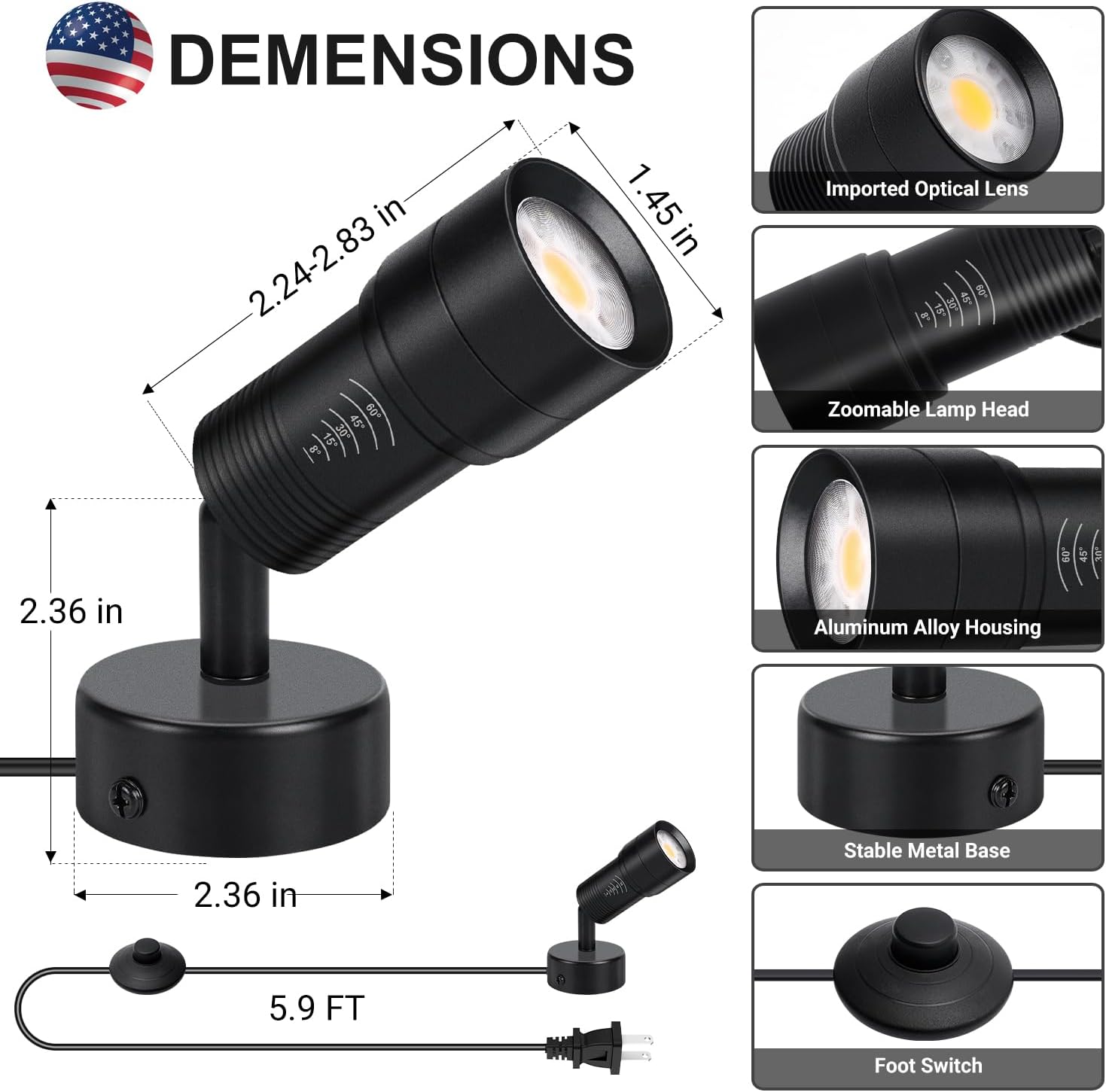 Uplights Indoor, 10W LED Uplighting & Spot Lights with Zoomable 8°-60° Focus Head, 3000K Accent & Floor Can Light for Plants Artwork Decor, 5.9 FT Plug Cord with Foot Switch, 2 Pack