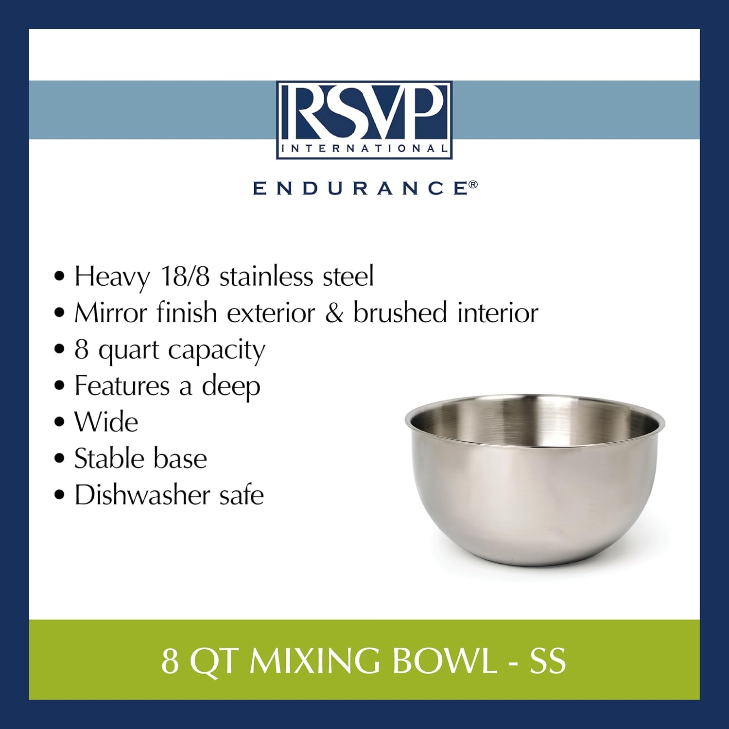 RSVP International Endurance Stainless Steel Mixing Bowls, 8 Quart