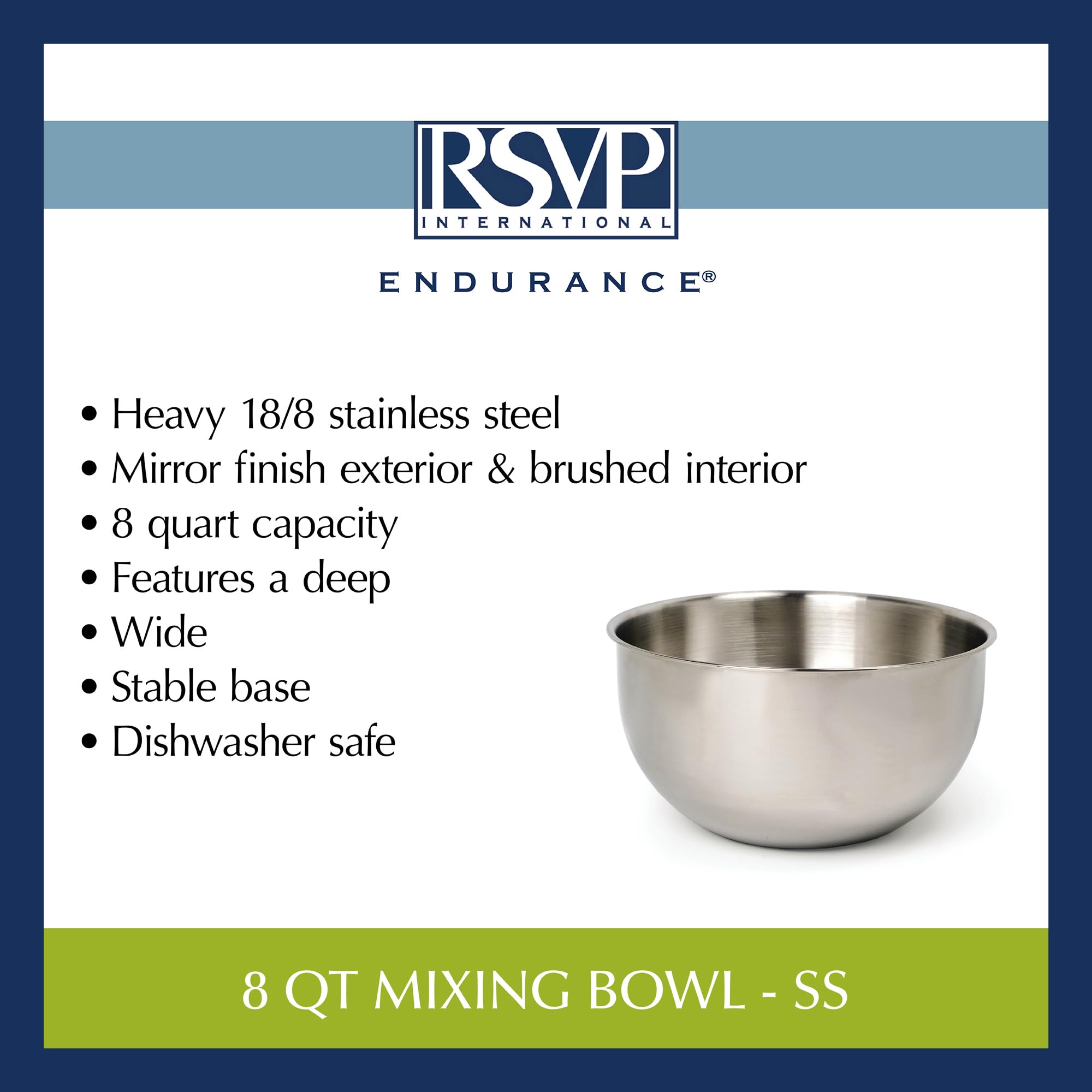 RSVP 8 Quart Mixing Bowl Stainless Steel Salad Serving Baking New