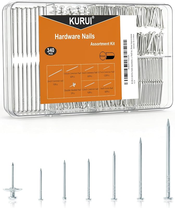 7 Sizes Picture Hanging Nails Assortment Kit, 340 Pcs Galvanized Nails Including Common Nail, Finishing Nails & Double Headed Nail, Small & Long Nail for Hanging Pictures, Wall Art, Home Decor