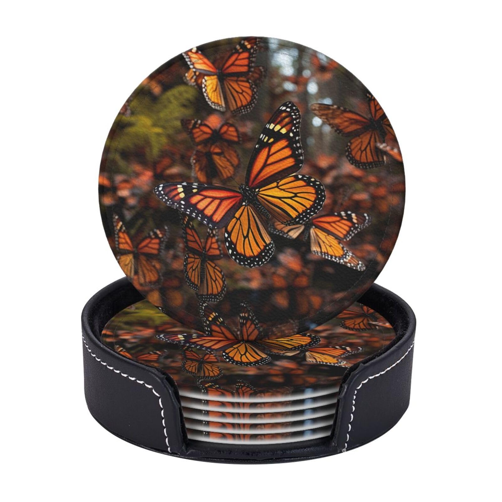 Round Coasters for Drinks Set of 6 - PU Leather Coasters with Holder - Modern Drink Coasters for Coffee Table - Monarch Butterflies Coaster for Tabletop Protection 4" Cup Mat Pad