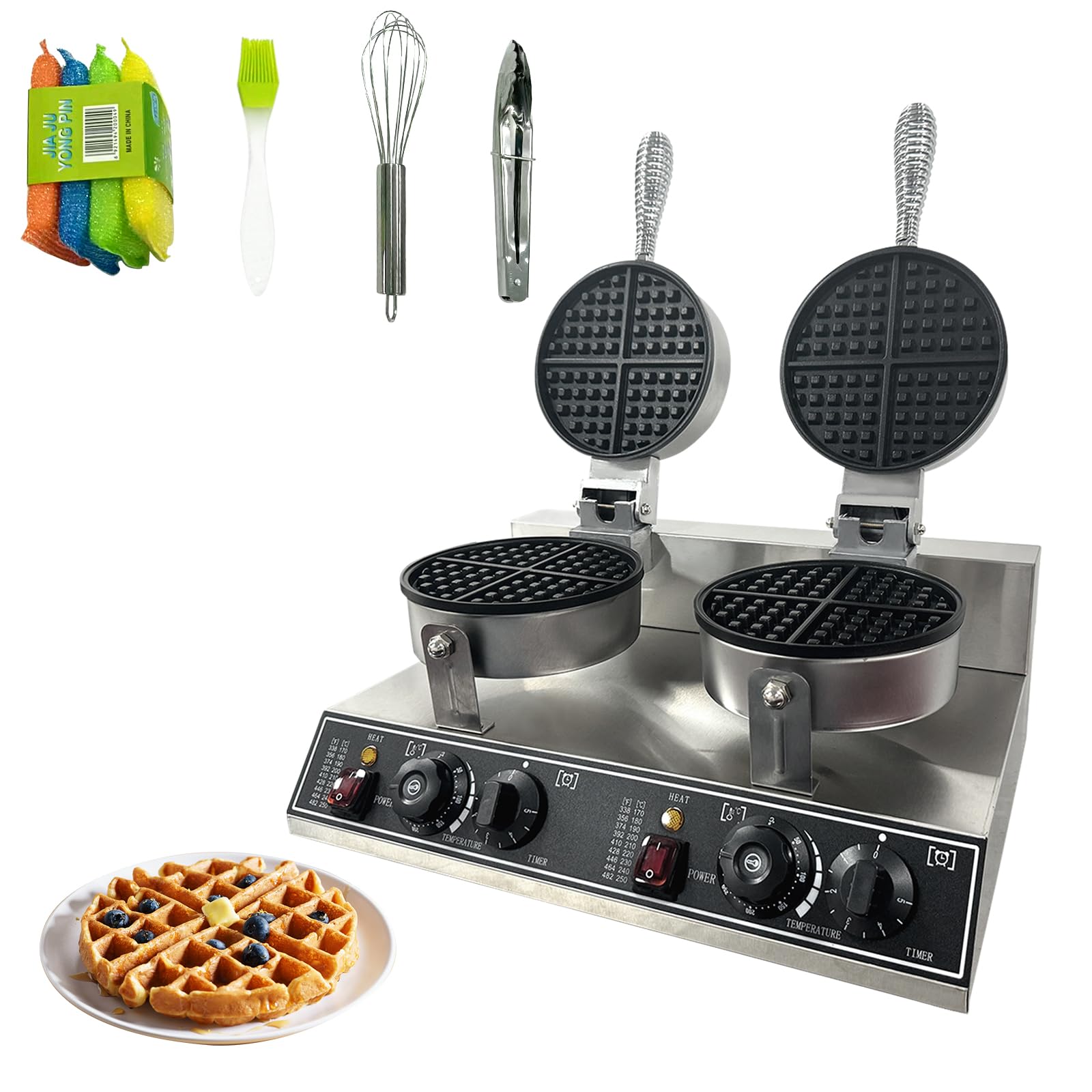 Double Head Commercial Waffle Maker, 2400W Stainless Steel Nonstick Waffle Iron with 122℉ to 572℉ Temp Range & Time Control, Perfect for Home Cafe