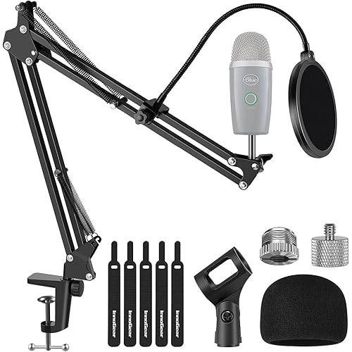 InnoGear Microphone Stand, Adjustable Mic Stand Set for Blue Yeti Nano Suspension Boom Scissor Arm Stand with 5/8" to 3/8" Screw, 5/8" to 1/4 Screw, Nano Mic Windscreen and Dual Layered Mic Pop Filter