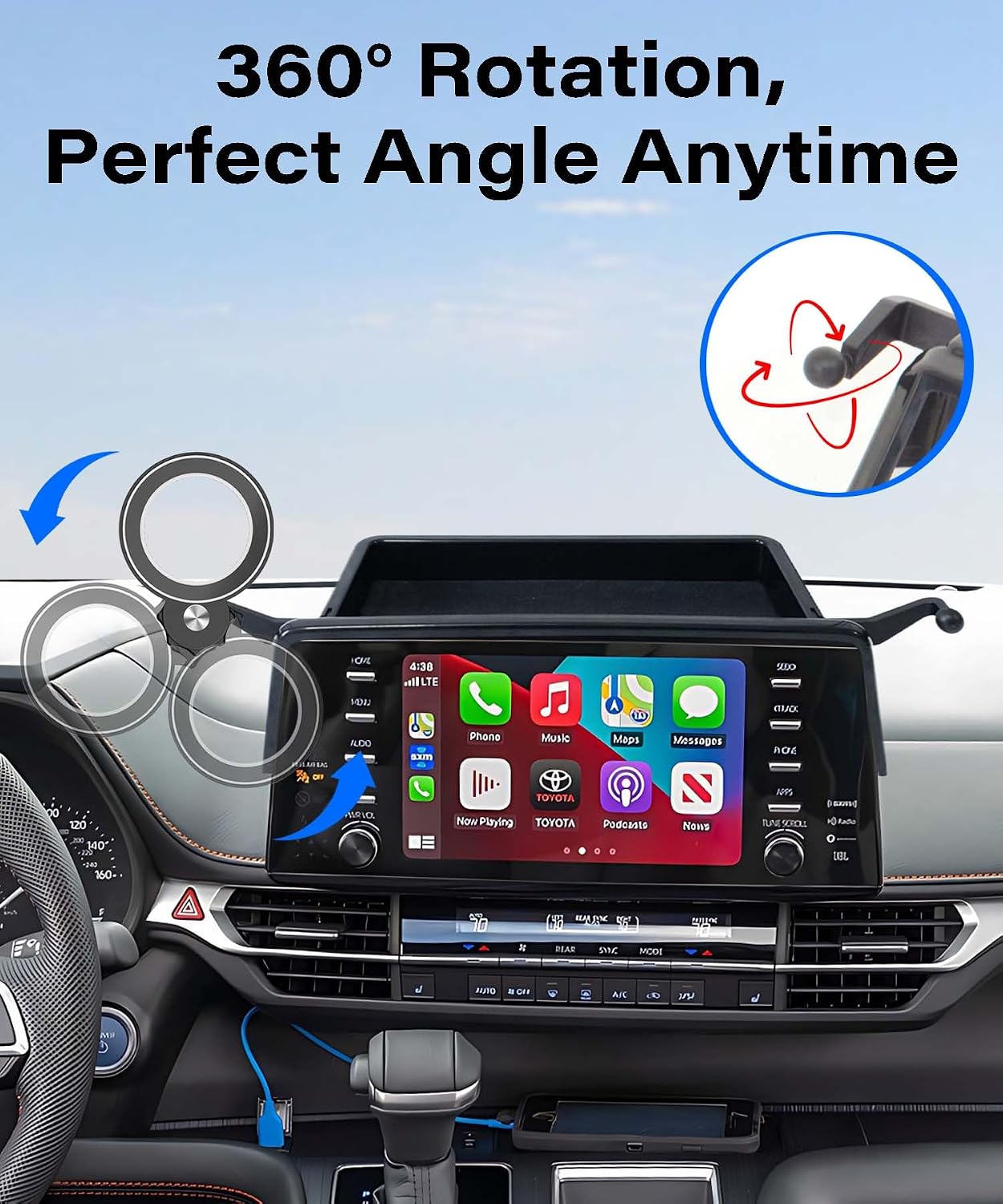 Car Phone Holder for Toyota Sienna 2021-2024 Accessories Apply to 9 Inch Screen Fixed Clip Magnetic Cell Phone Mount Hands-Free 360 Degree Rotation with Dashboard Storage Tray