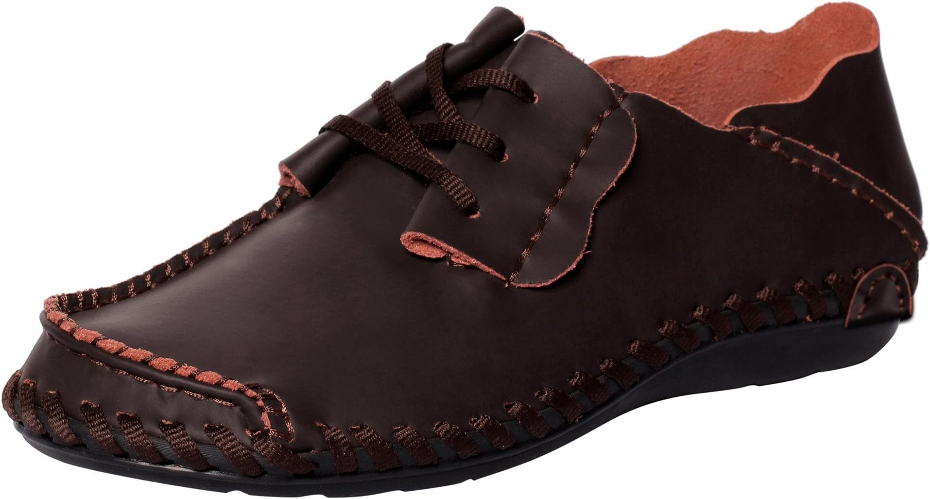 CAIHEE Men's Handmade Breathable Drivers Shoes Driving Loafers with Lace-up Details in Leather