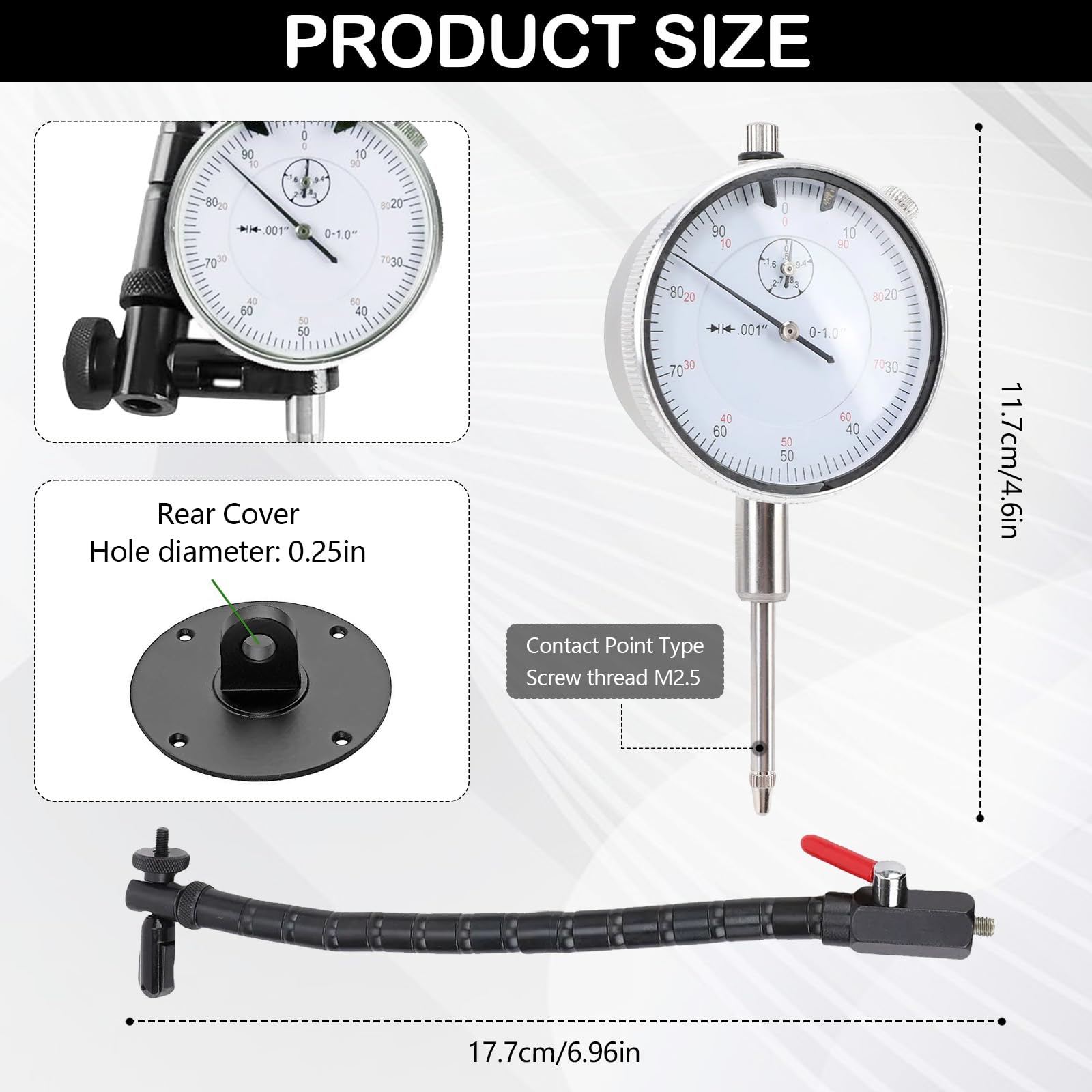 Reloj Comparador de Precisión, 0,01 mm de Lectura Rango 10 mm Brazo Flexible con Abrazadera Soporte para Laboratorio Taller Impresora 3D Reparación de Motores e Ingeniería Mecánica