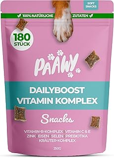 Vitamin B Komplex für Hunde von Paawy | 180 DailyBoost Multivitamin Snacks mit 29 Vitaminen & Mineralien | super lecker, gesund & natürlich mit B1–B12, Prebiotika, Glucosamin, Chondroitin & Zink product image