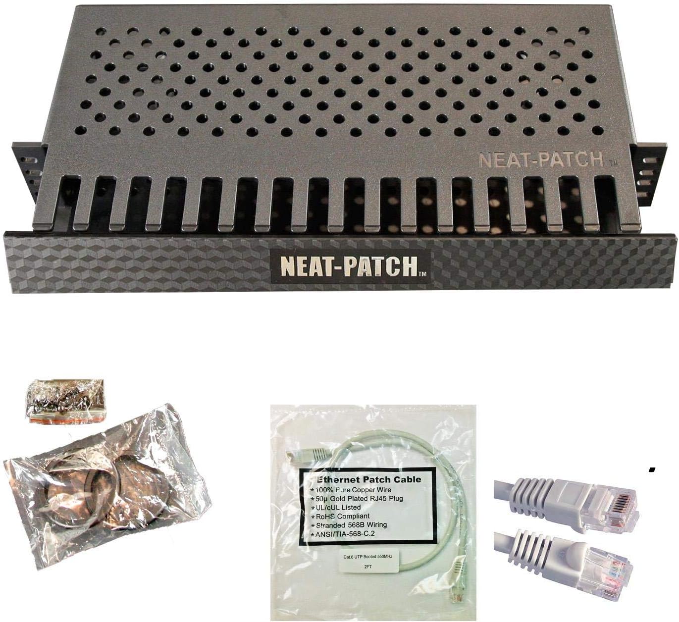 Neat Patch MINI 1U Low Profile Cable Management Kit - 10 Packs w/ 240 CAT6 Patch Cables (1FT Gray)